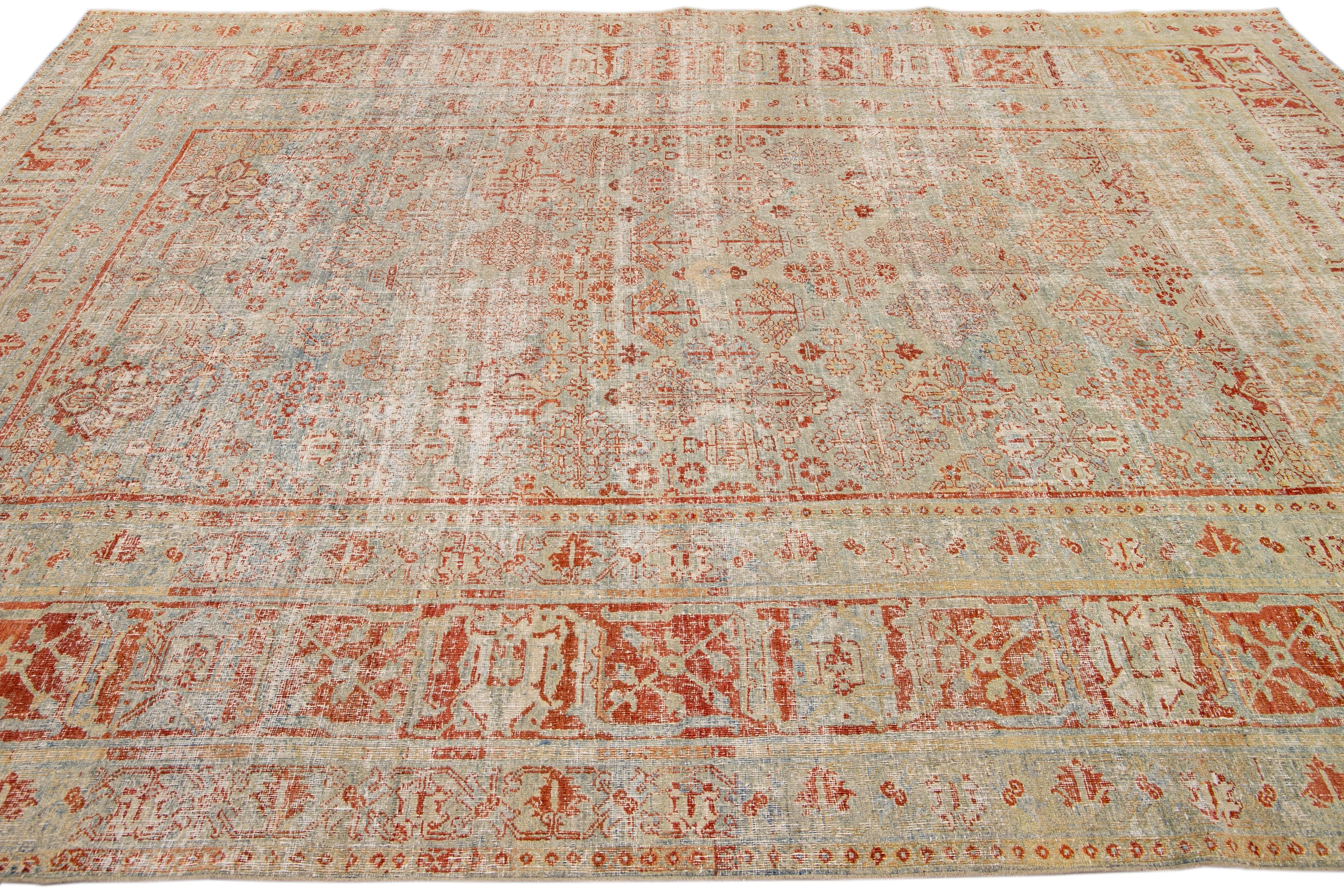 Laine Ancien tapis de Tabriz en laine persane bleu et rouille à motif entièrement recouvert, fait à la main en vente