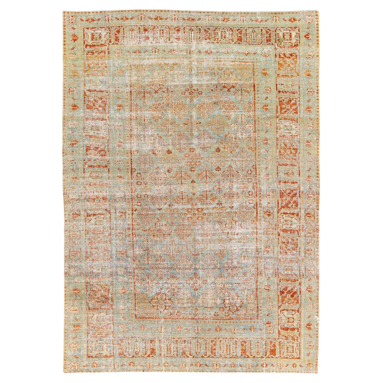 Antique Tabriz Blue and Rust Handmade Allover Pattern Persian Wool Rug ...