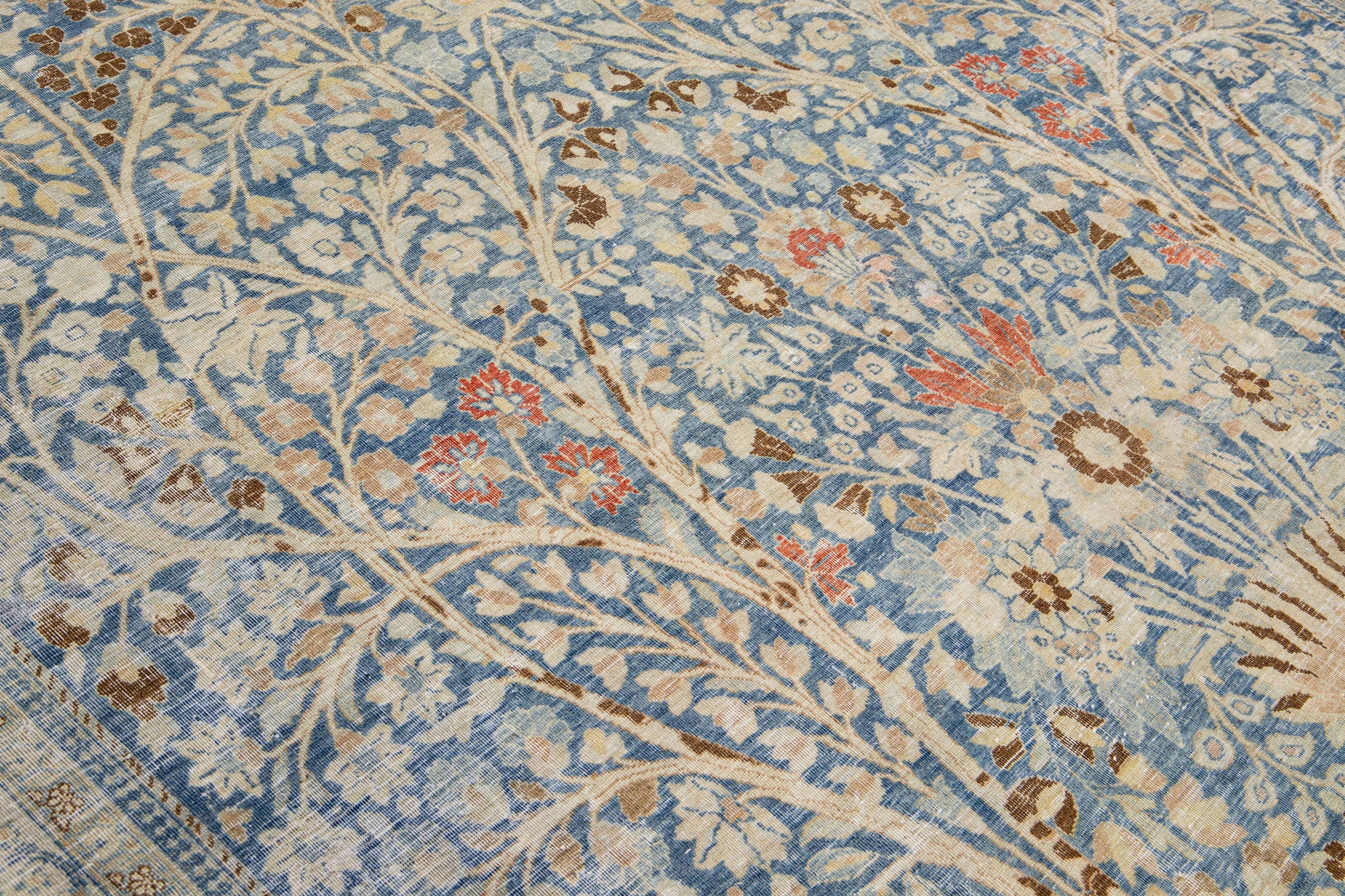 Antique Tabriz Blue Handmade Allover Floral Persian Wool Rug For Sale 6