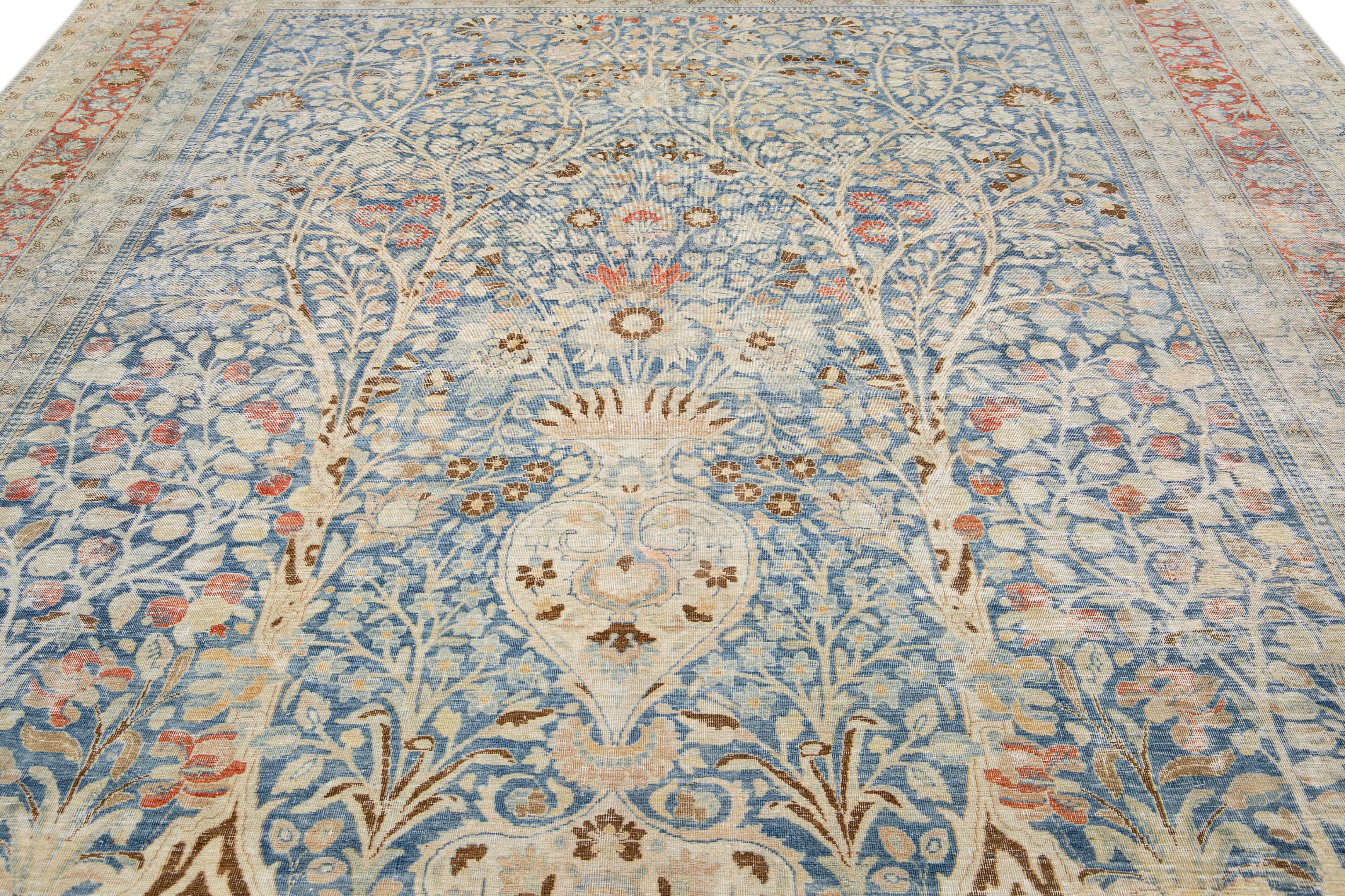 Antique Tabriz Blue Handmade Allover Floral Persian Wool Rug In Good Condition For Sale In Norwalk, CT