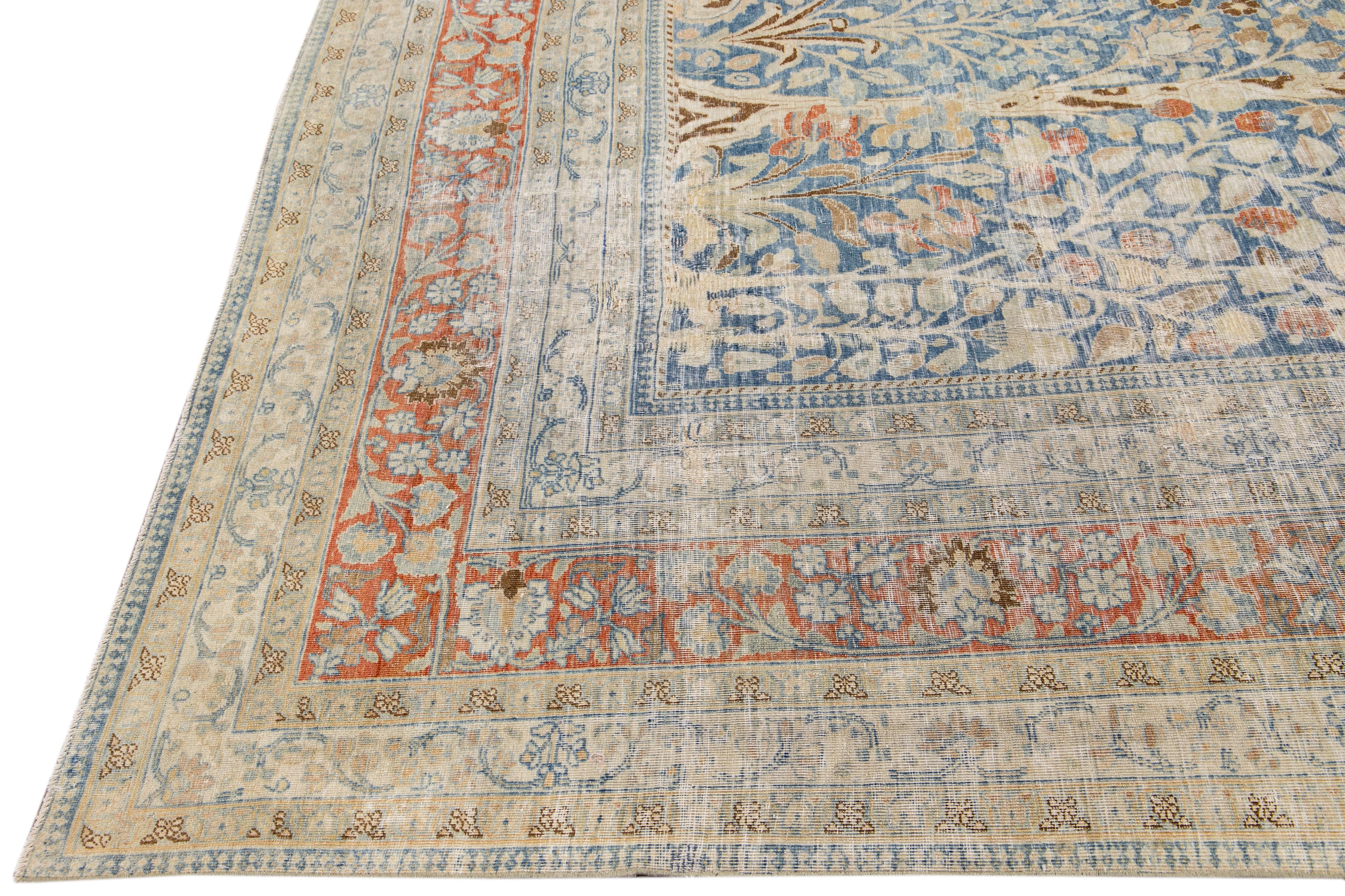 Early 20th Century Antique Tabriz Blue Handmade Allover Floral Persian Wool Rug For Sale