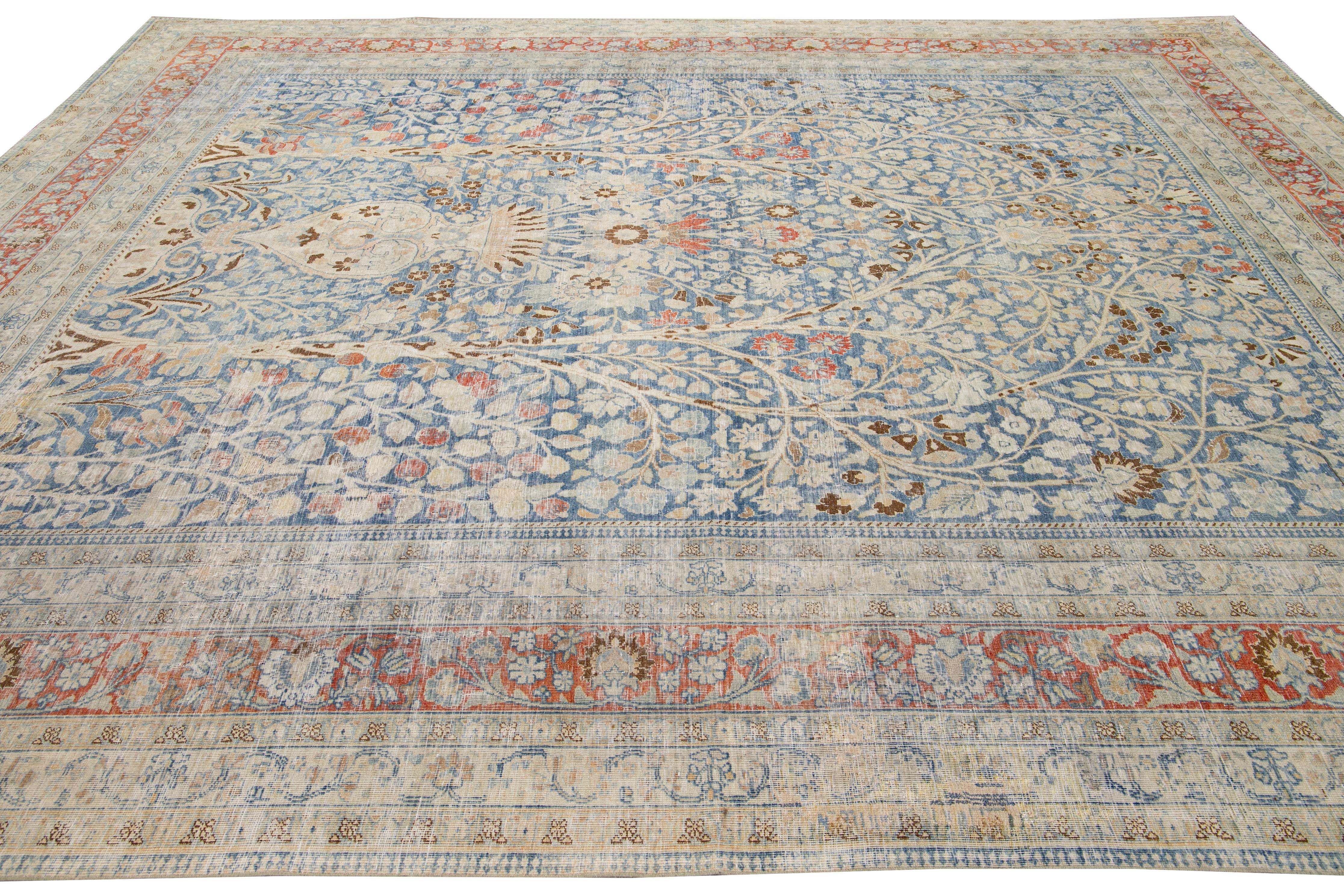 Antique Tabriz Blue Handmade Allover Floral Persian Wool Rug For Sale 2