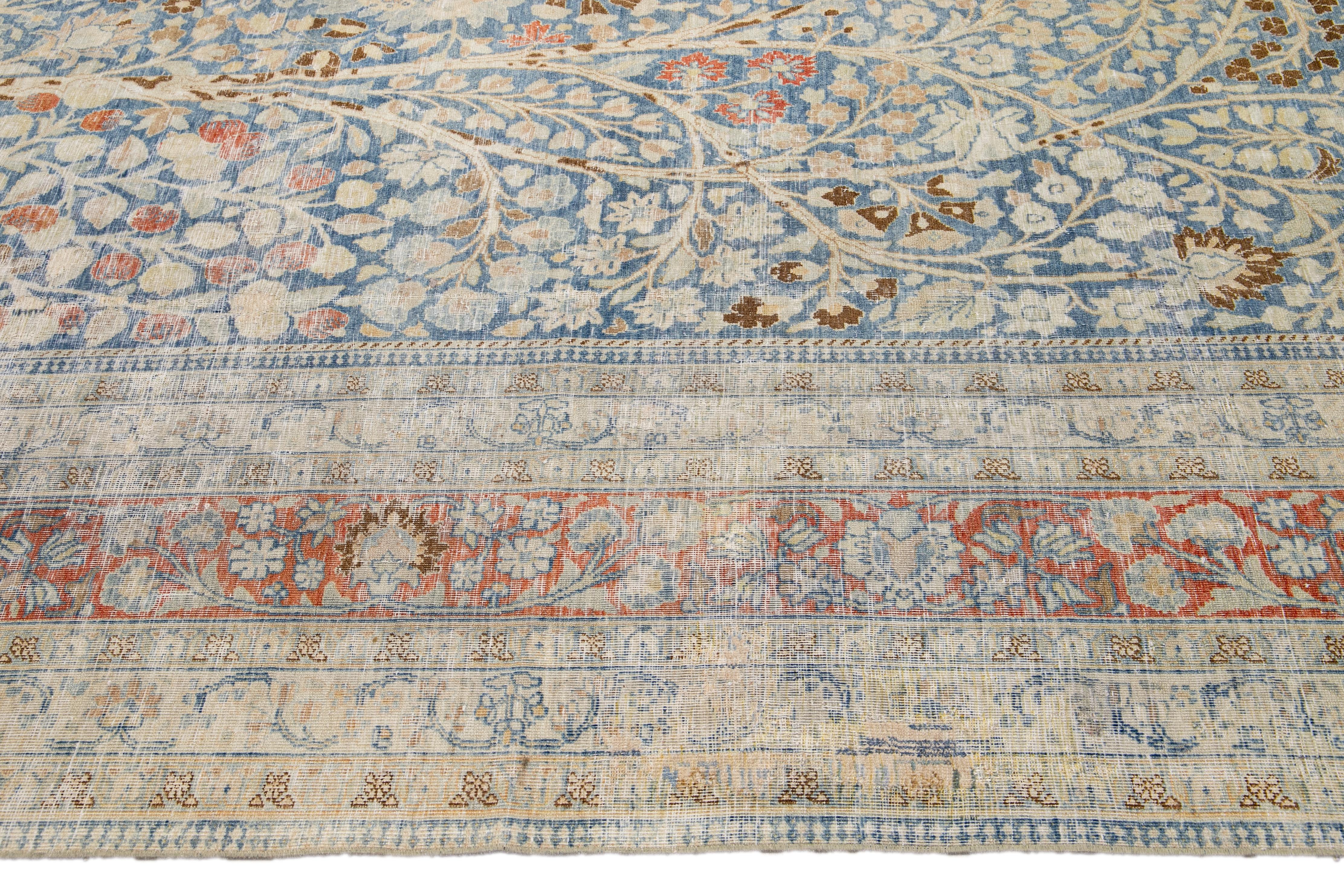 Antique Tabriz Blue Handmade Allover Floral Persian Wool Rug For Sale 3