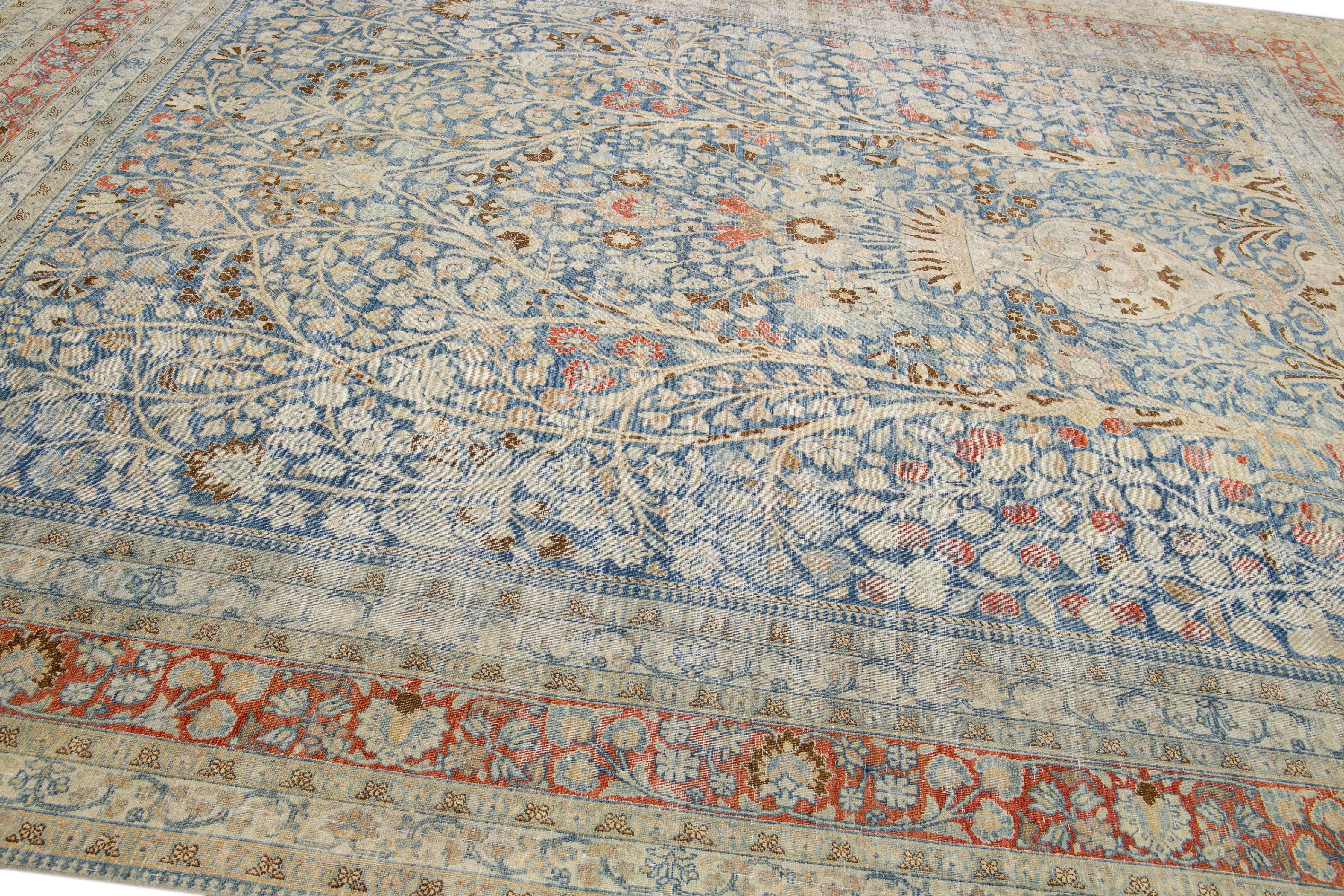 Antique Tabriz Blue Handmade Allover Floral Persian Wool Rug For Sale 4