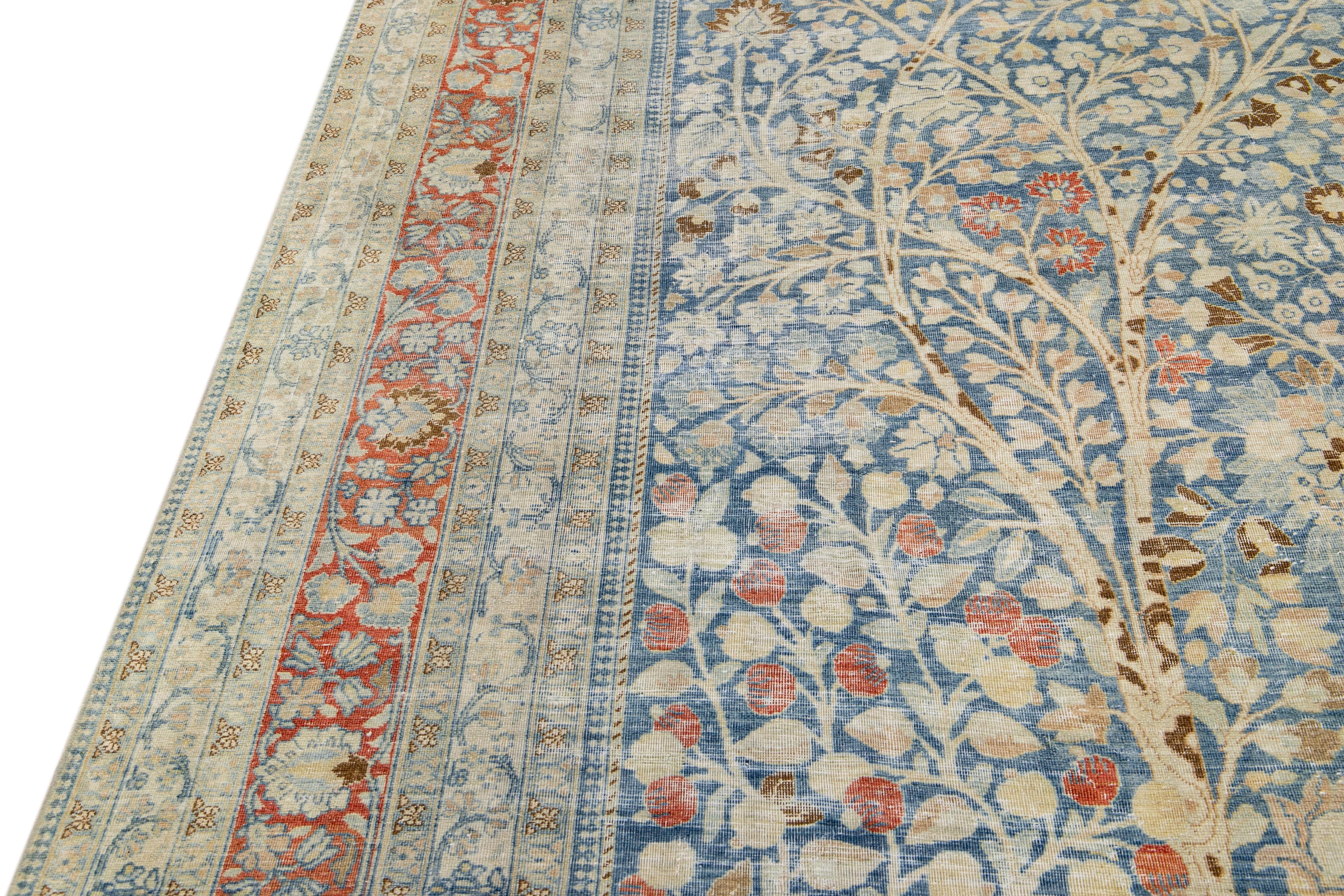 Antique Tabriz Blue Handmade Allover Floral Persian Wool Rug For Sale 5