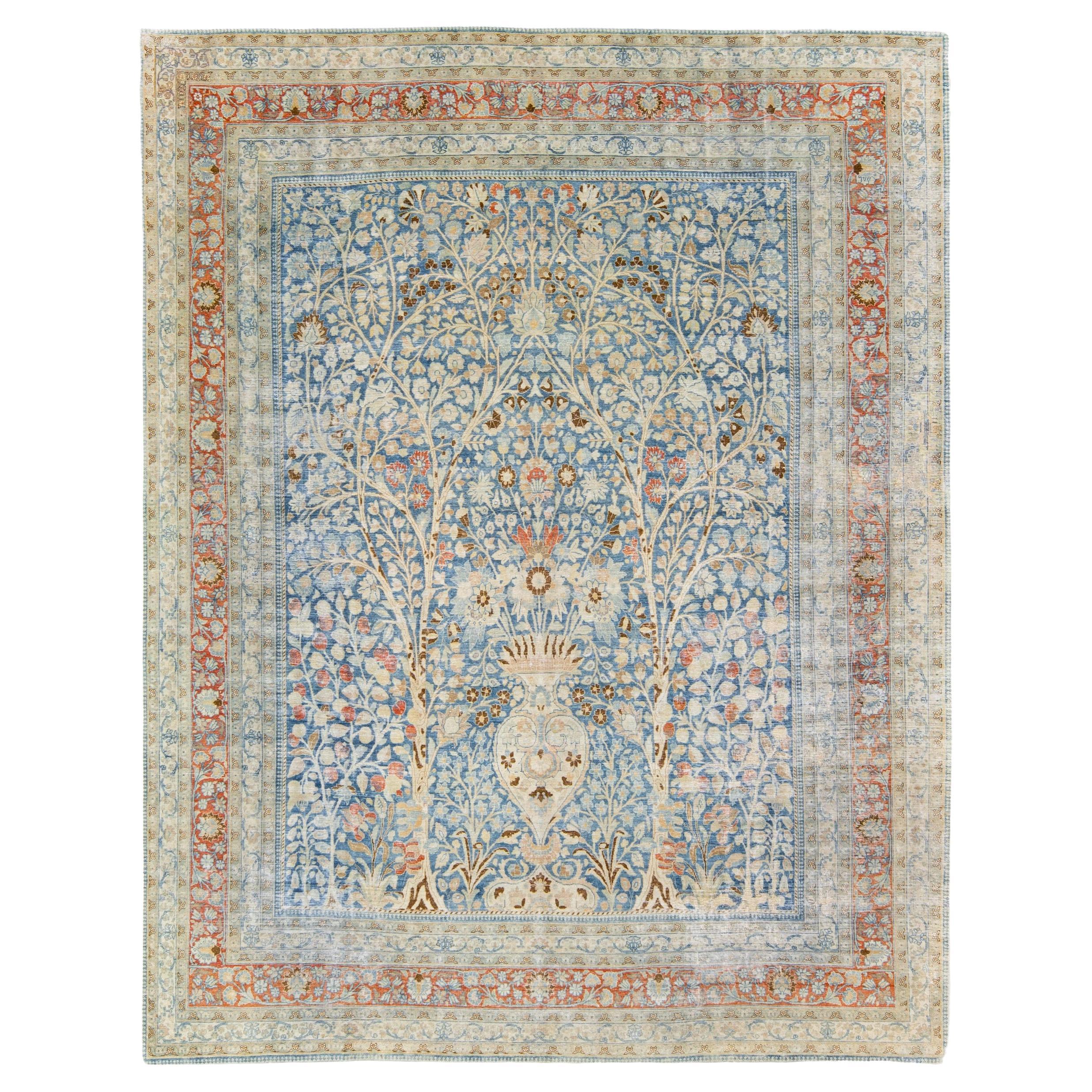 Antique Tabriz Blue Handmade Allover Floral Persian Wool Rug For Sale