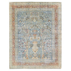 Alfombra de lana persa antigua Tabriz azul hecha a mano con motivos florales