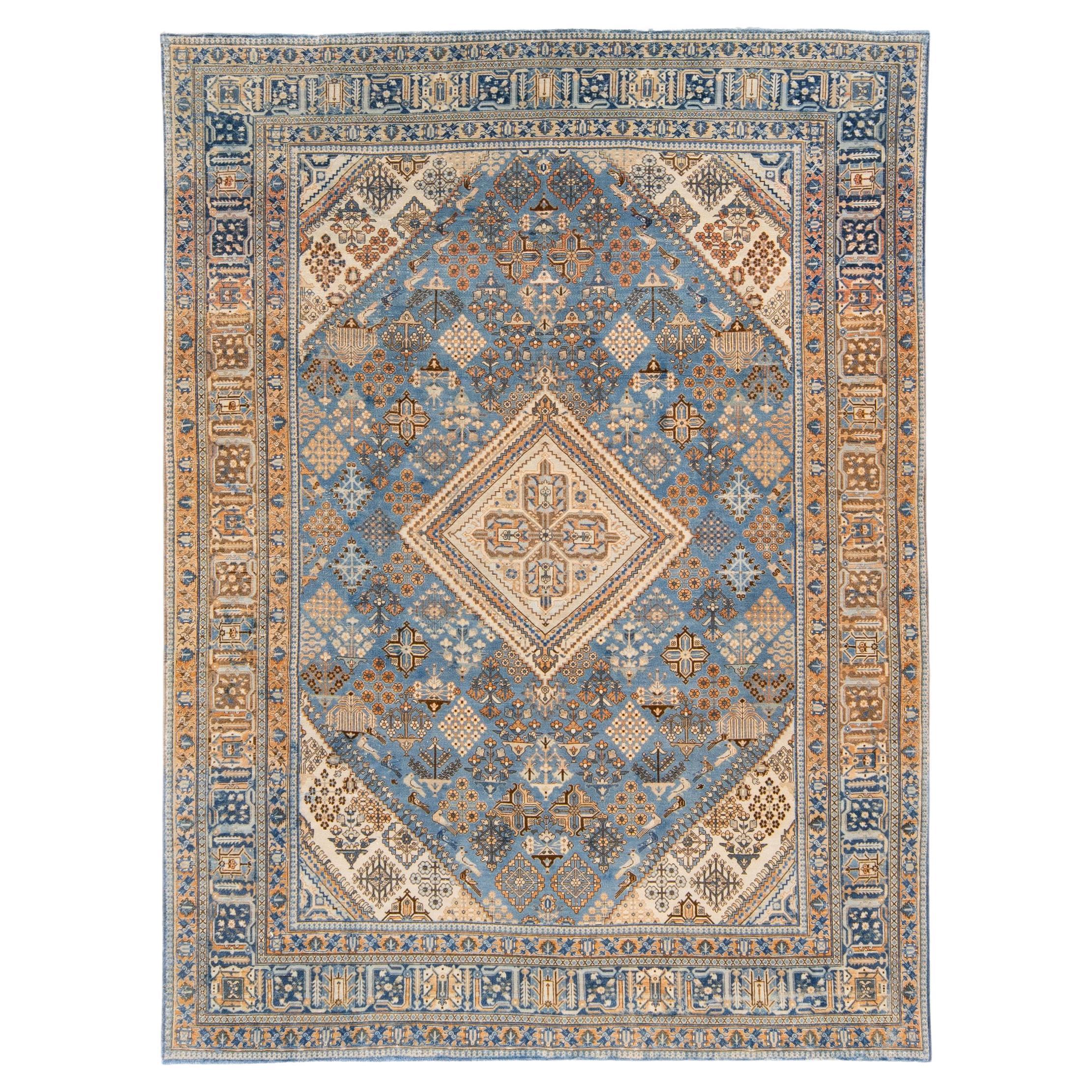 Antique Tabriz Blue Handmade Designed Persian Wool Rug For Sale
