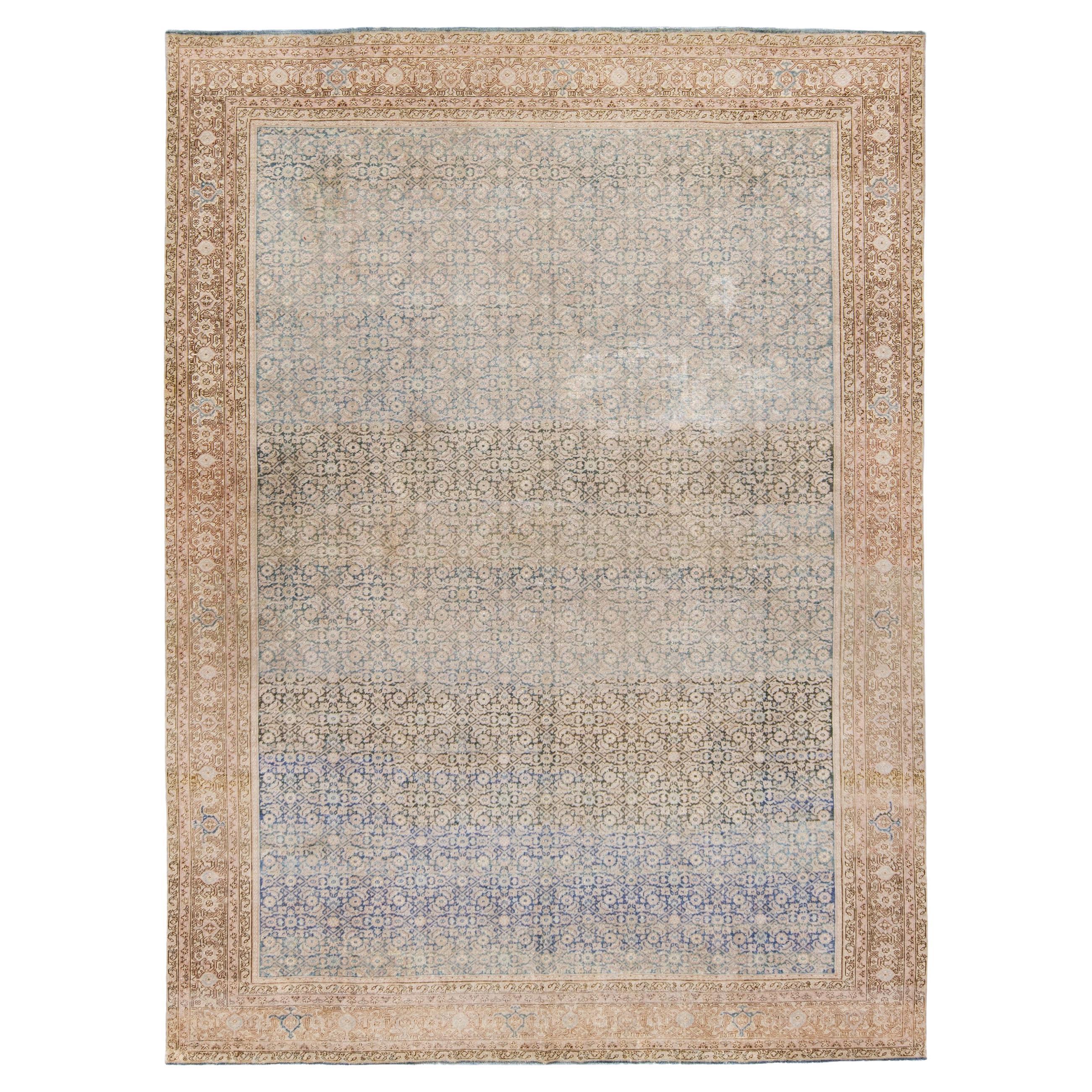 Antique Tabriz Beige and Blue Handmade Floral Pattern Persian Ovesize