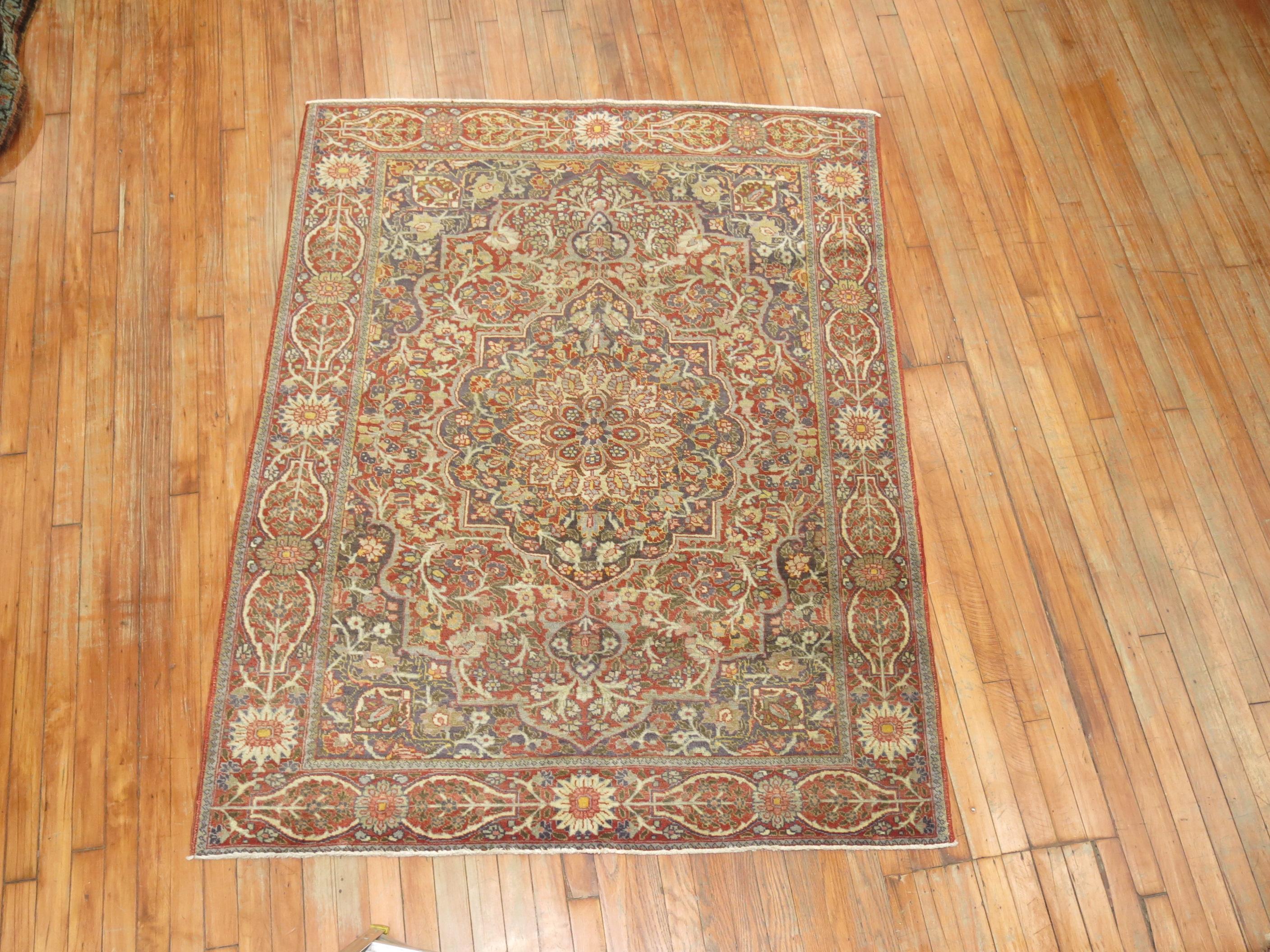 Zabihi Collection Antique Persian Tabriz Accent Rug In Good Condition For Sale In New York, NY