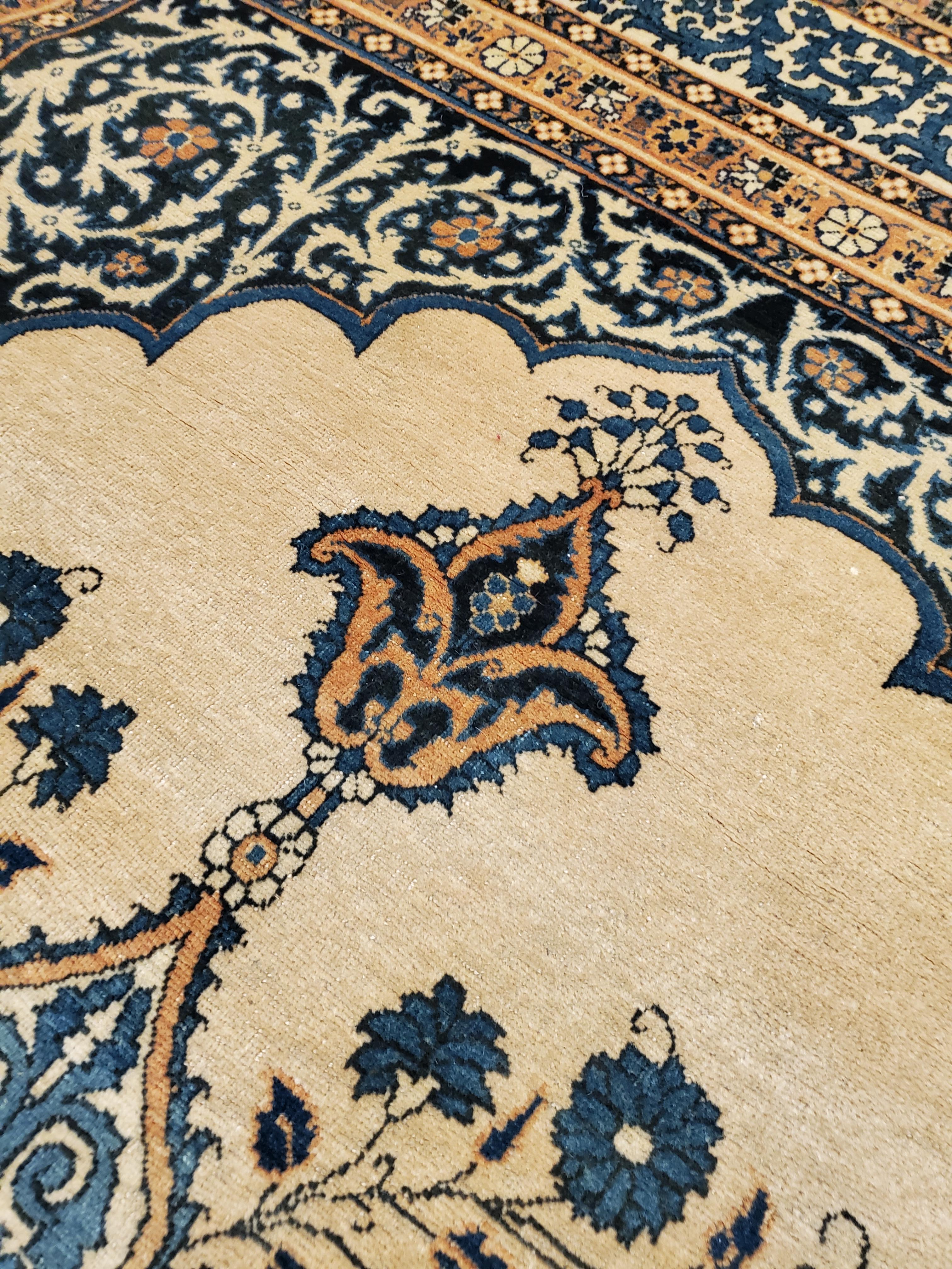 Hand-Knotted Antique Tabriz Carpet, Hadji Jalili Persian Rug, Earth Tones, Ivory and Blue For Sale
