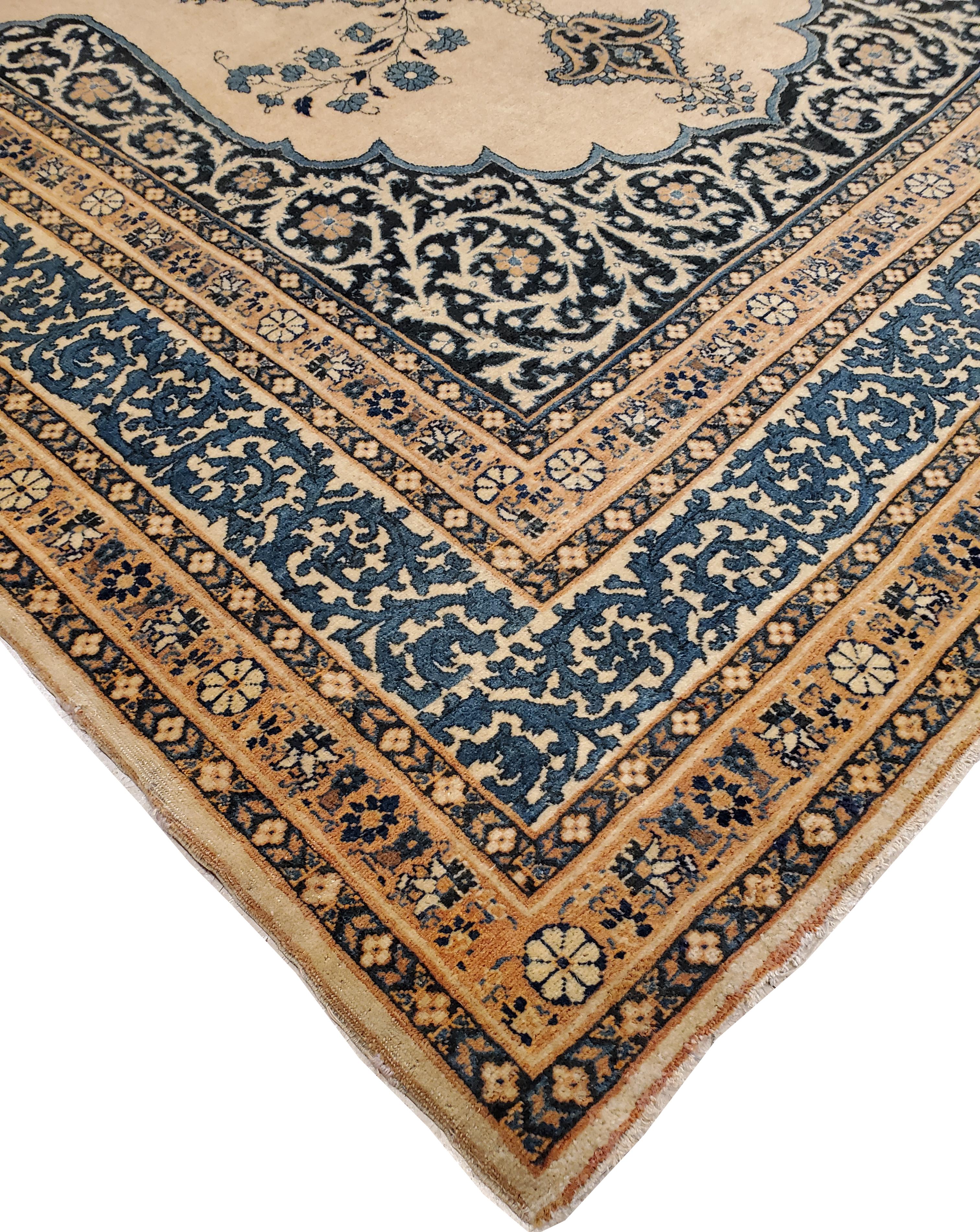 19th Century Antique Tabriz Carpet, Hadji Jalili Persian Rug, Earth Tones, Ivory and Blue For Sale