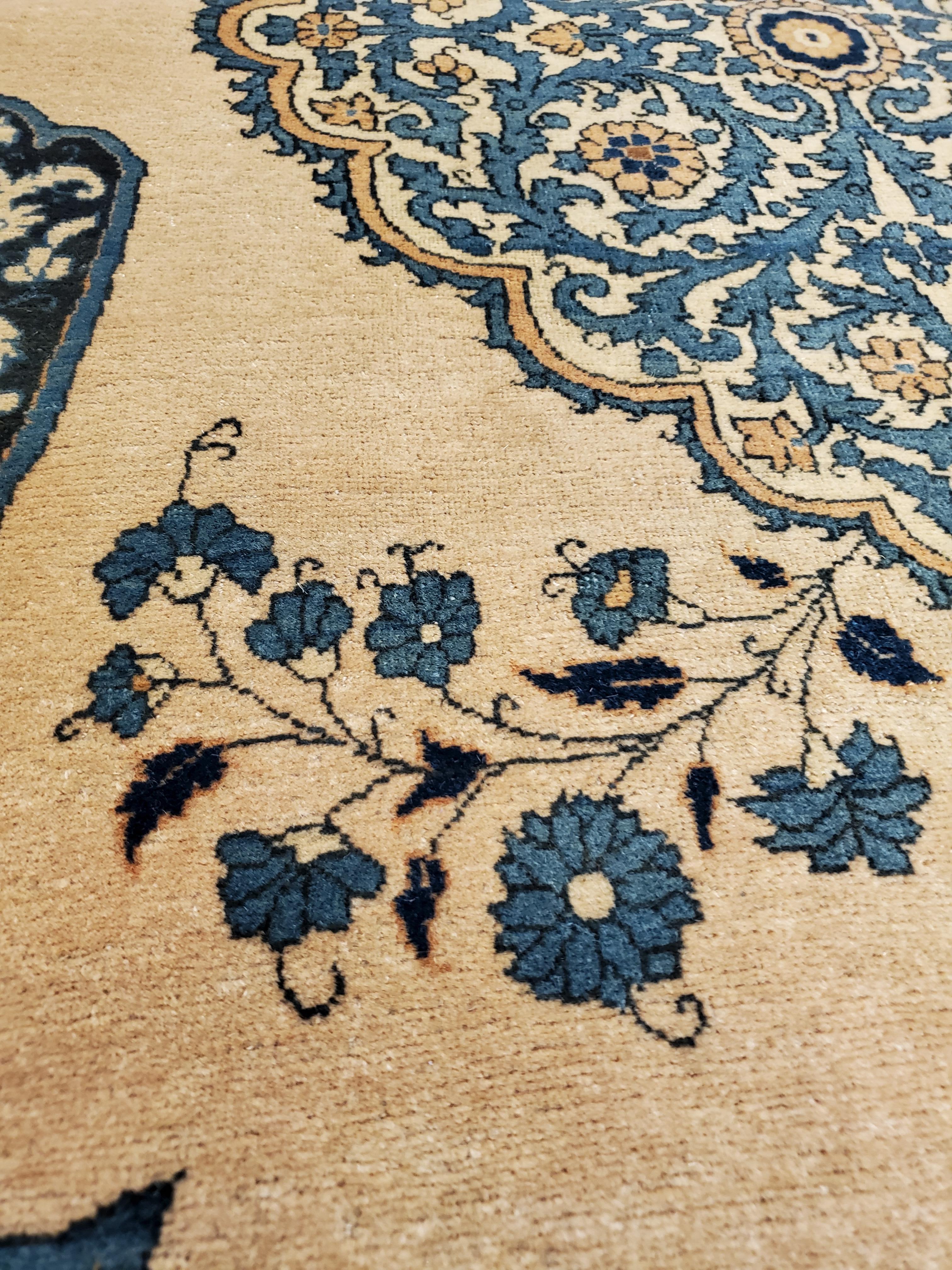 Wool Antique Tabriz Carpet, Hadji Jalili Persian Rug, Earth Tones, Ivory and Blue For Sale