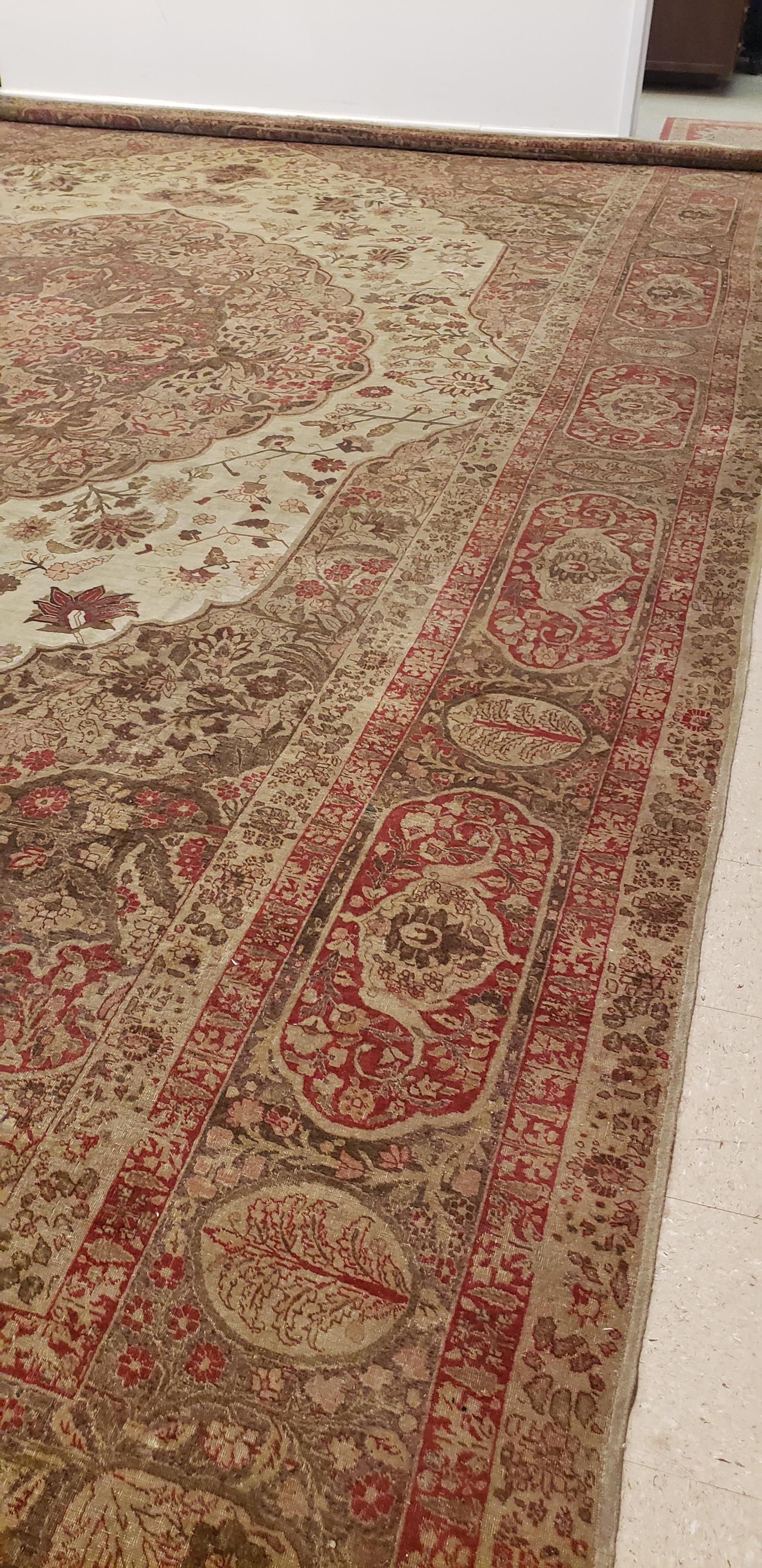 Antique Tabriz Carpet, Hadji Jalili Persian Rug, Earth Tones, Light Blue, Coral For Sale 5