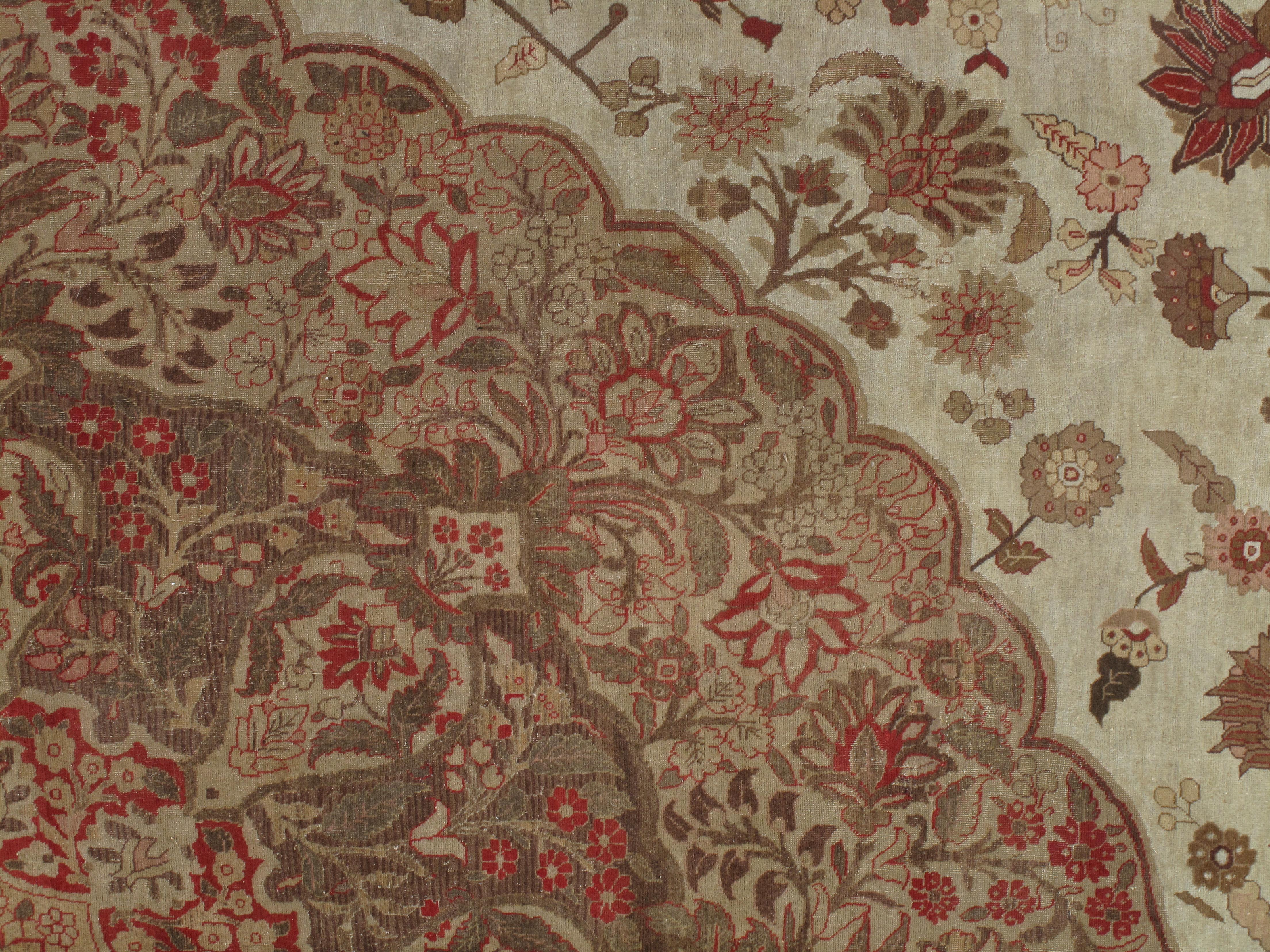 Antique Tabriz Carpet, Hadji Jalili Persian Rug, Earth Tones, Light Blue, Coral For Sale 9