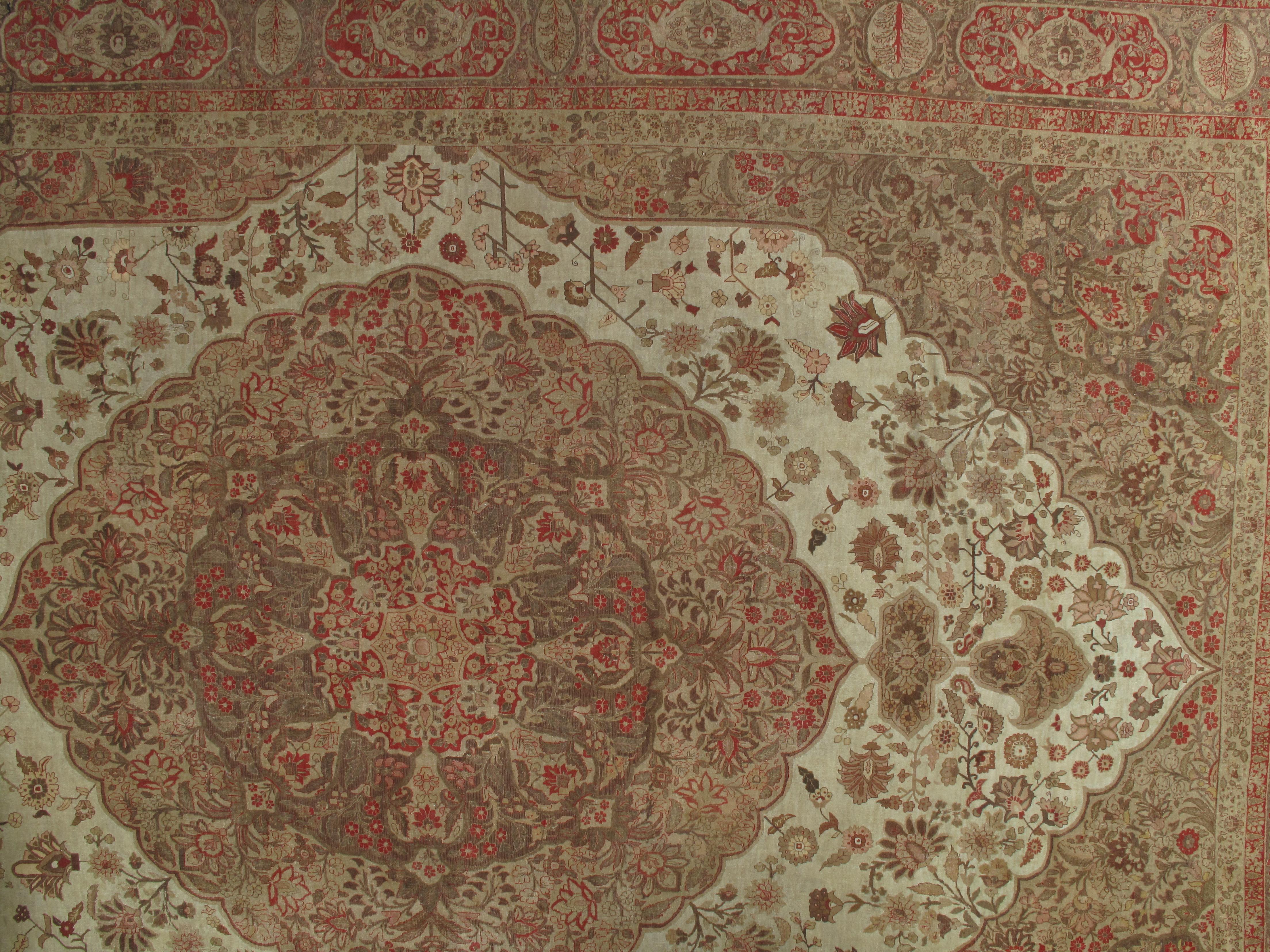 Antique Tabriz Carpet, Hadji Jalili Persian Rug, Earth Tones, Light Blue, Coral For Sale 10