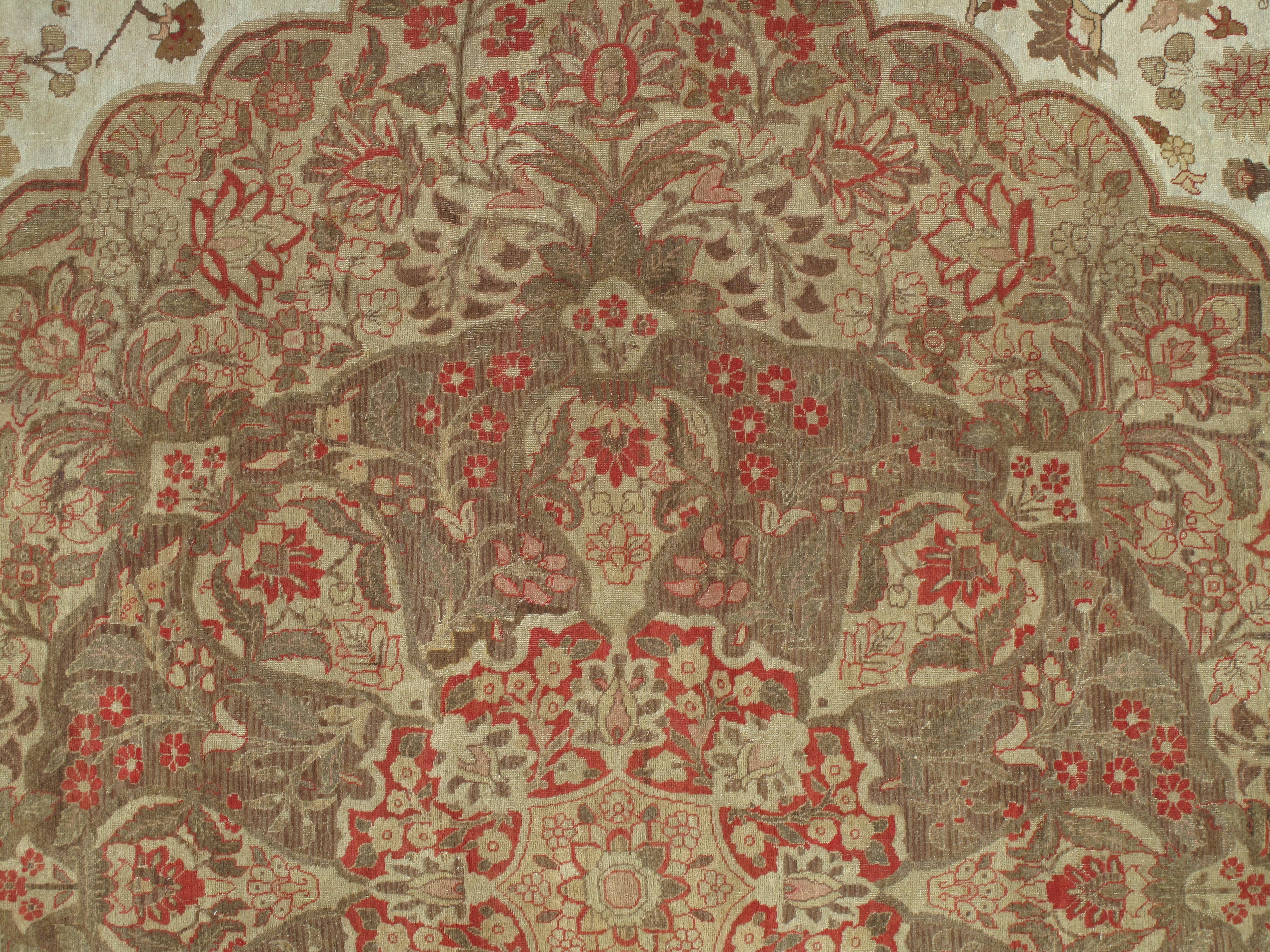 Antique Tabriz Carpet, Hadji Jalili Persian Rug, Earth Tones, Light Blue, Coral For Sale 12