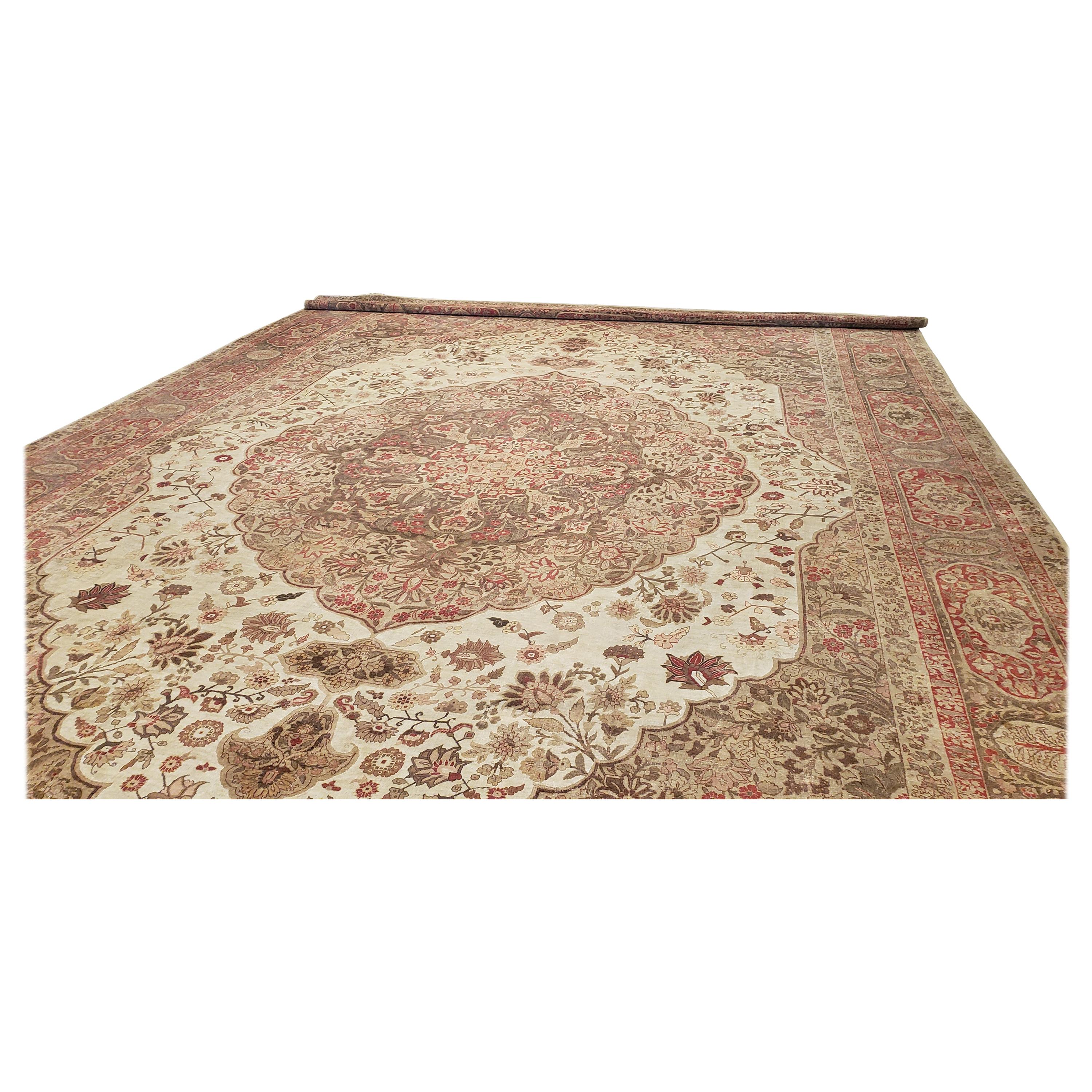 Antique Tabriz Carpet, Hadji Jalili Persian Rug, Earth Tones, Light Blue, Coral