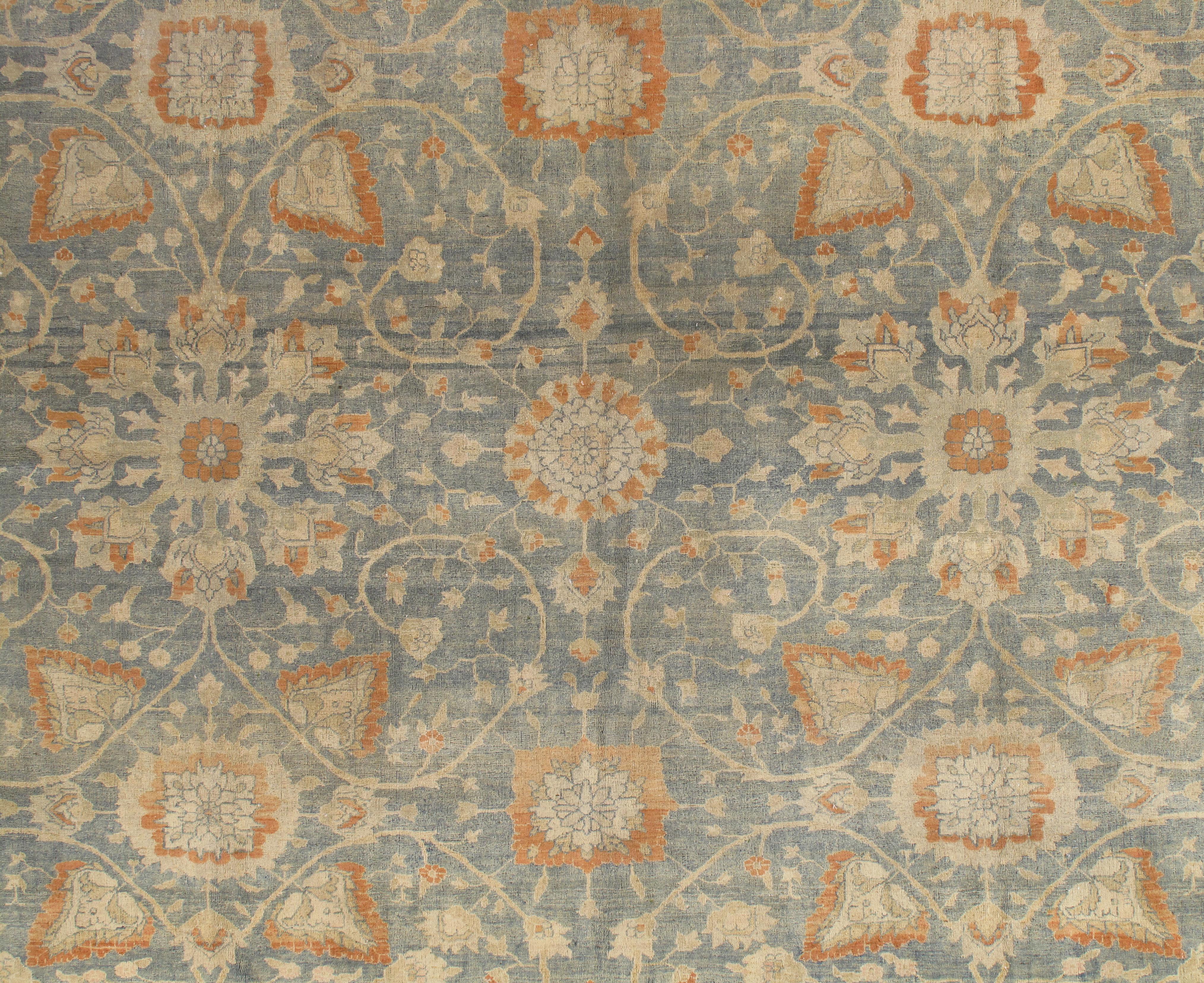 Hand-Knotted Antique Tabriz Carpet, Handmade Carpet, Light Blue, Soft Saffron and Ivory For Sale