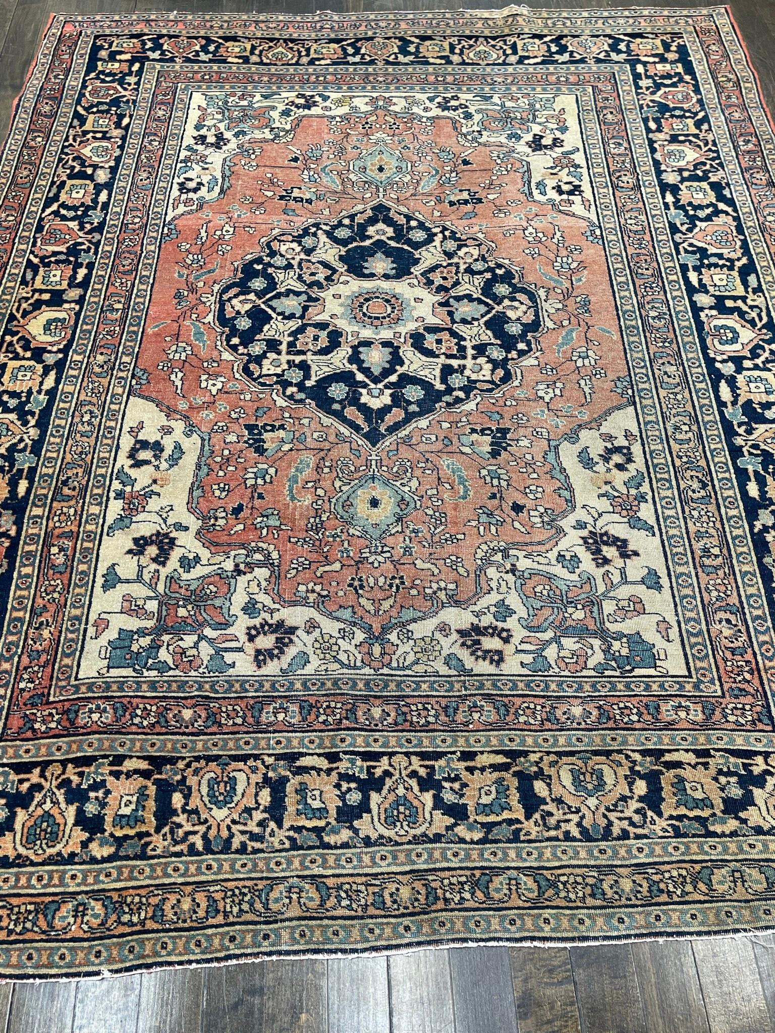 This rug is hand woven in the town of Tabriz,northwest Persia. Tabriz rugs are double-wefted woven on a cotton foundation,with Turkish knots. Tabriz medallion rugs often resemble those of Kerman and Kashan but they are easily distinguished by their