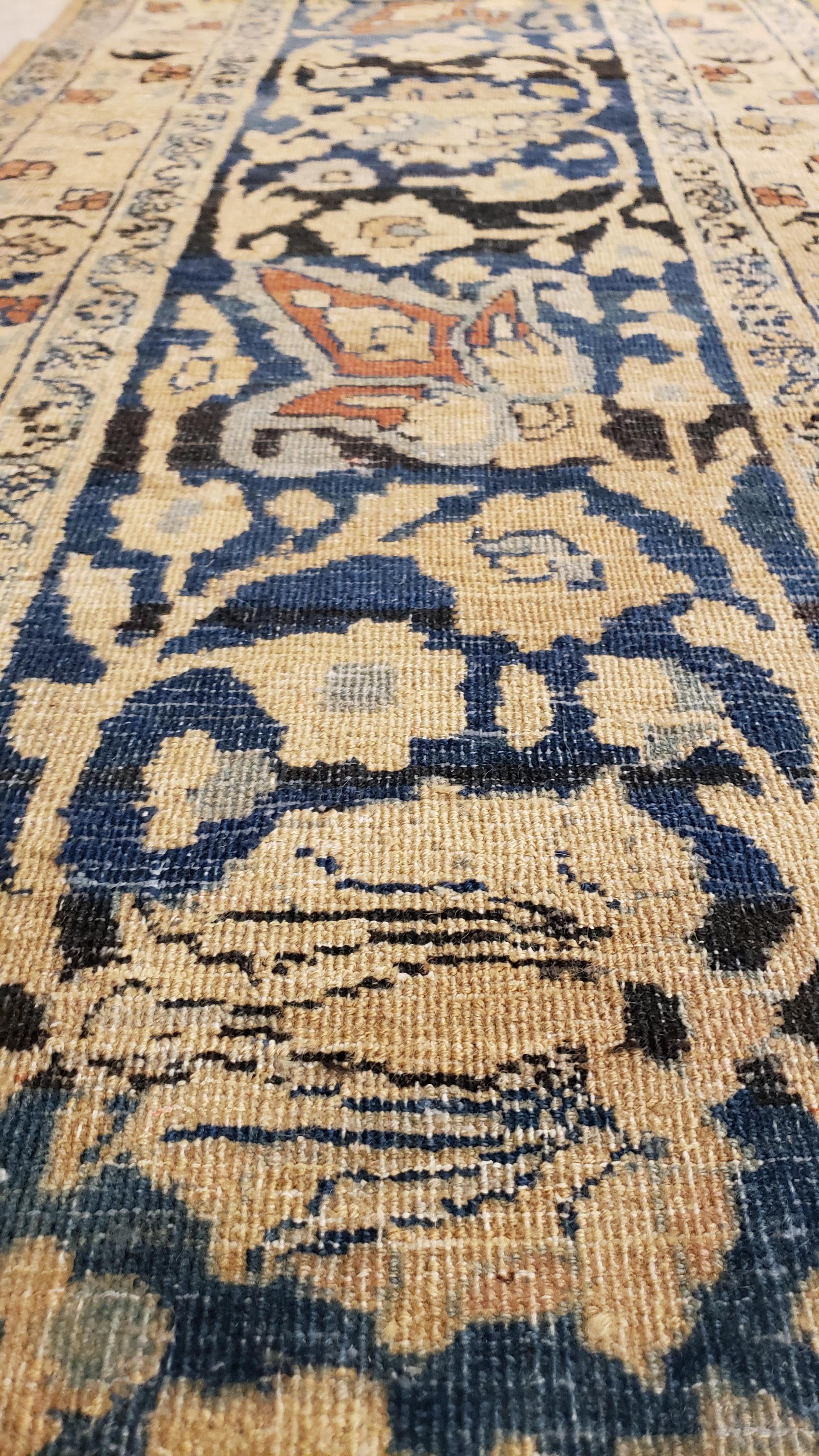 Antique Tabriz Fine Carpet, Handmade Persian Rug in Blue, Taupe, Soft Caramel For Sale 1