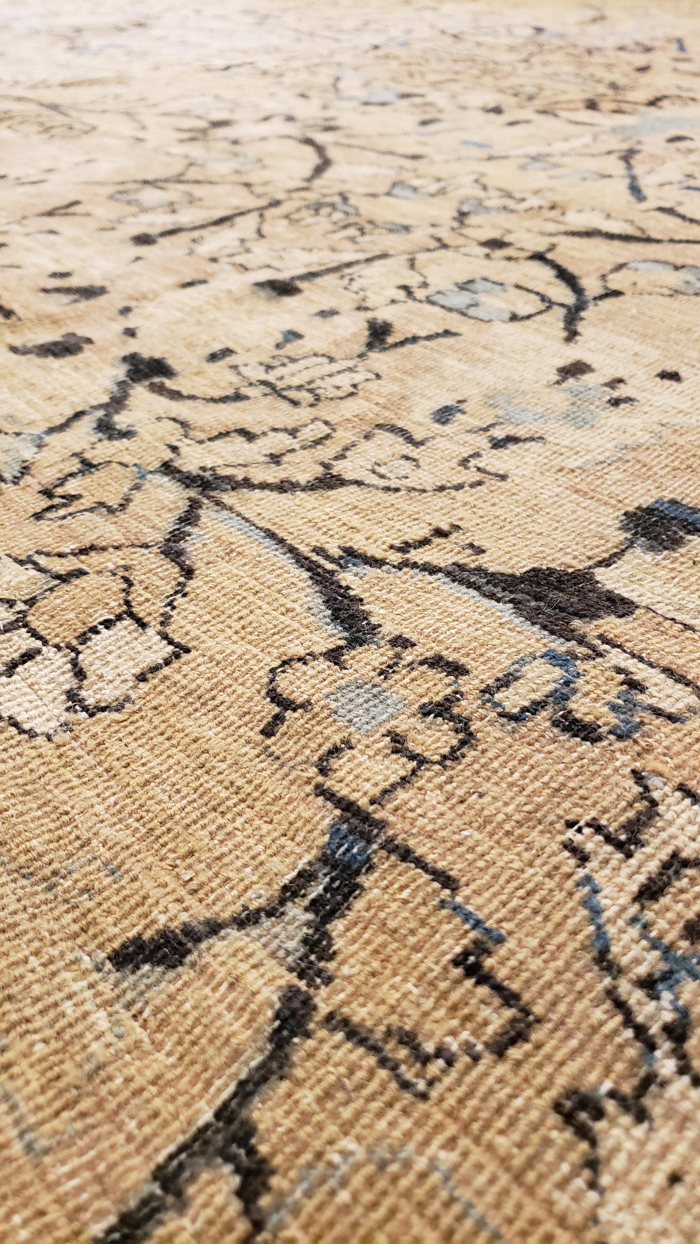 Antique Tabriz Fine Carpet, Handmade Persian Rug in Blue, Taupe, Soft Caramel For Sale 2
