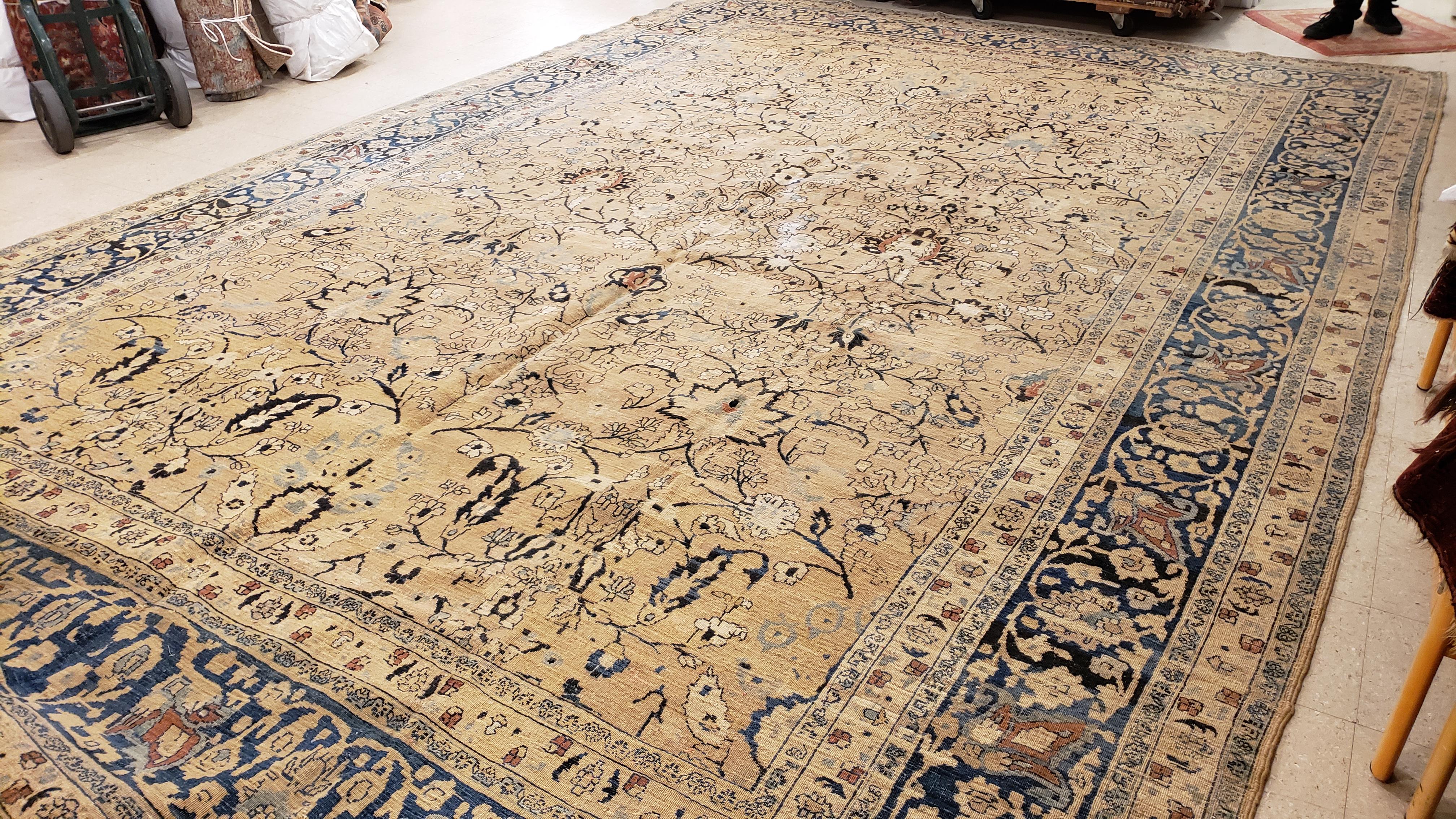 Antique Tabriz Fine Carpet, Handmade Persian Rug in Blue, Taupe, Soft Caramel For Sale 3