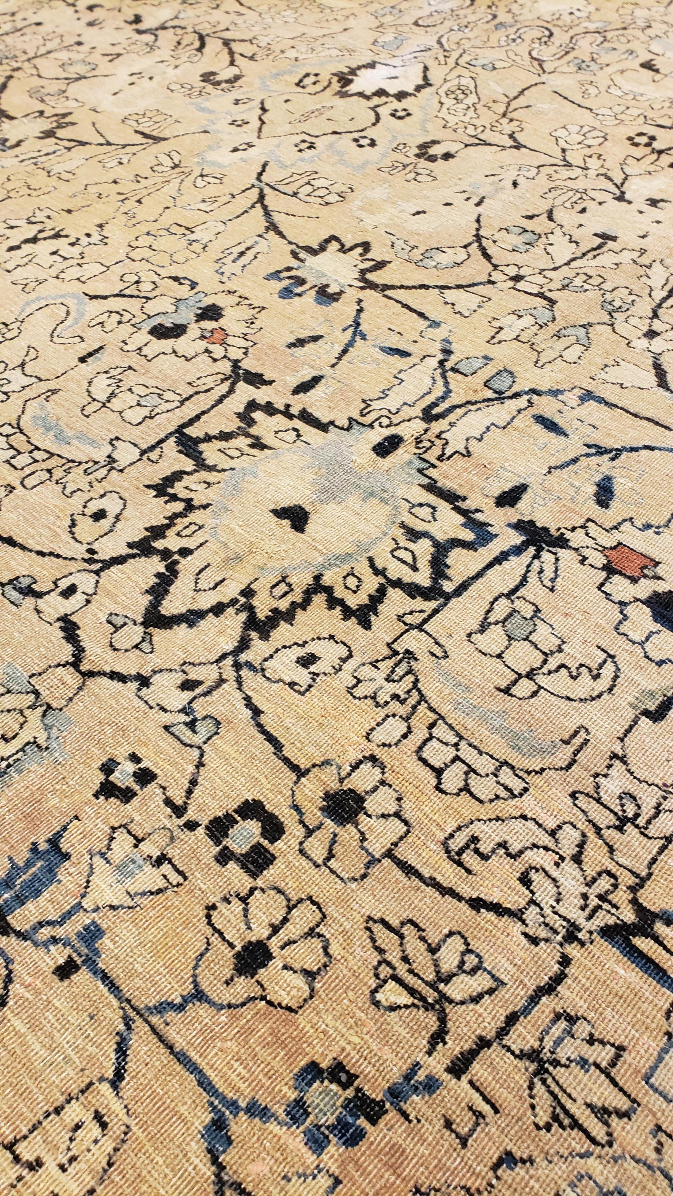 Hand-Knotted Antique Tabriz Fine Carpet, Handmade Persian Rug in Blue, Taupe, Soft Caramel For Sale