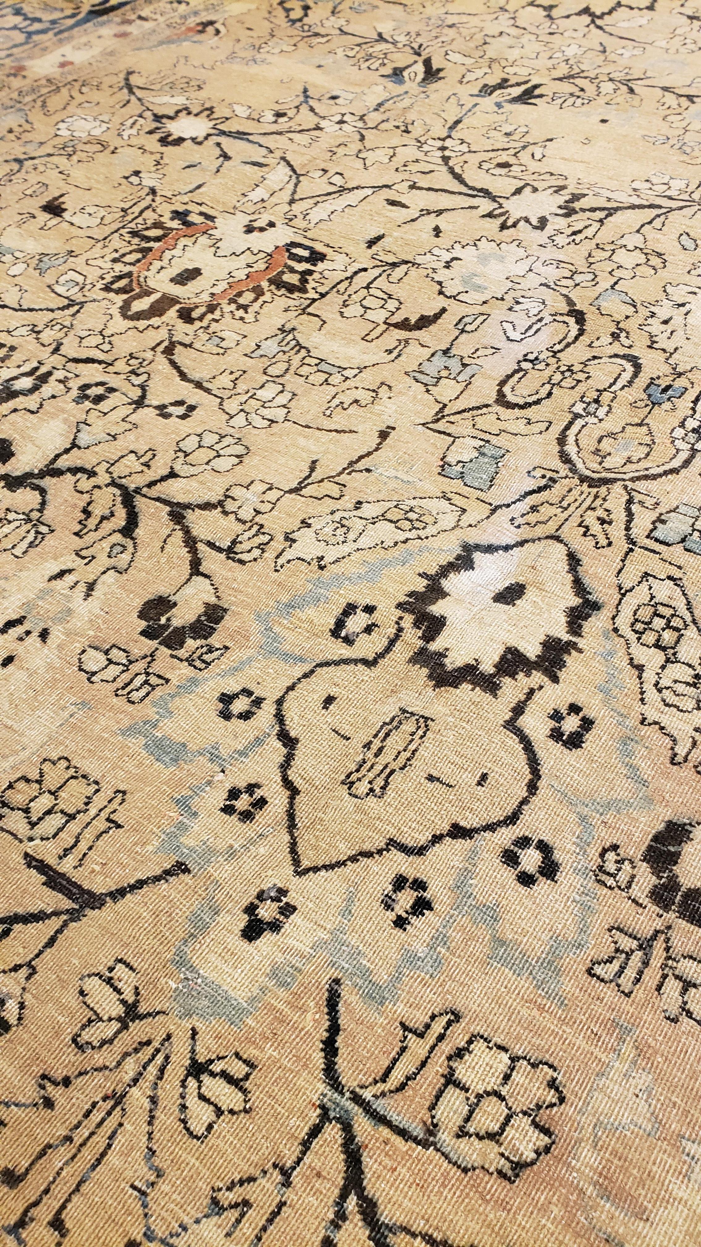 20th Century Antique Tabriz Fine Carpet, Handmade Persian Rug in Blue, Taupe, Soft Caramel For Sale