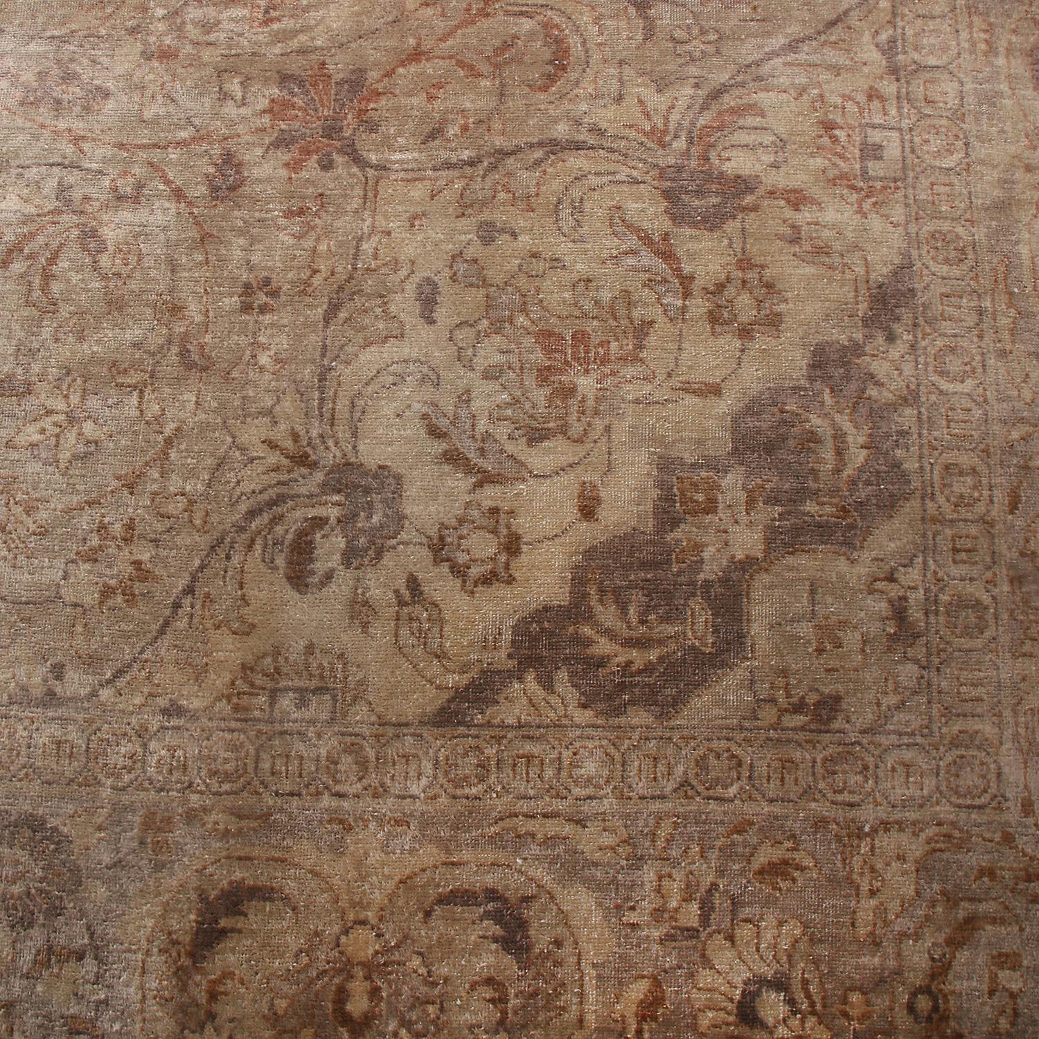 Antique Tabriz Floral Beige-Brown Wool Persian Rug In Good Condition In Long Island City, NY