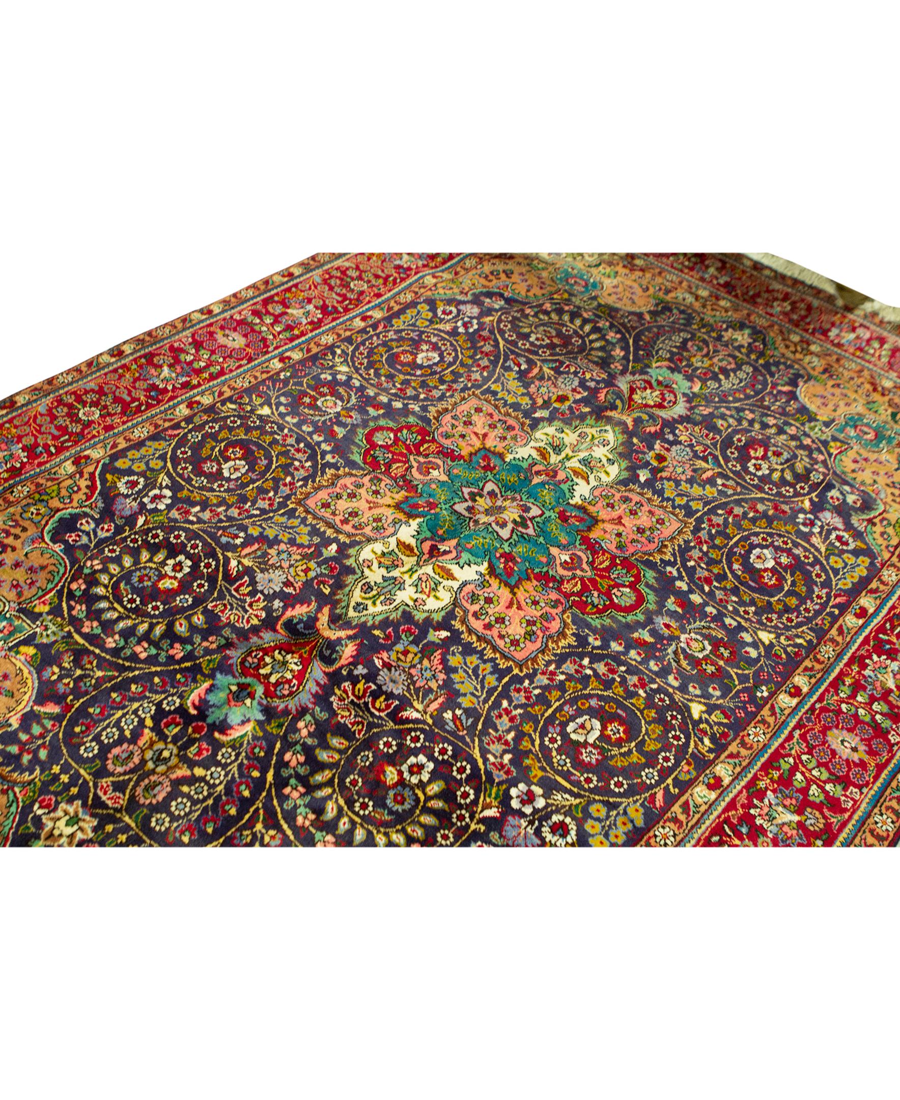 Antique Persian Fine Traditional Handwoven Luxury Wool Navy / Red Rug. Size: 6'-5
