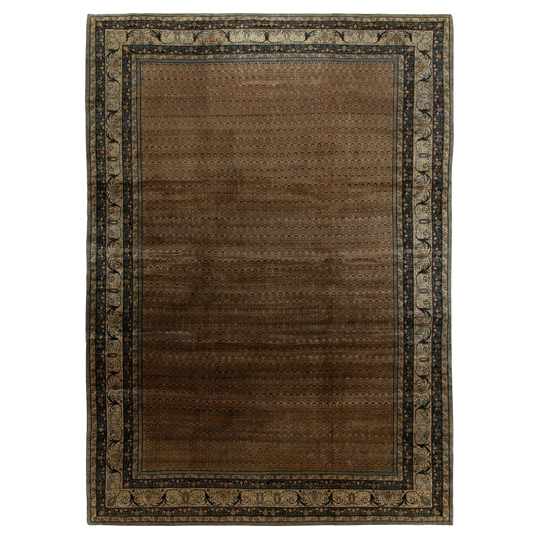 Antique Tabriz rug in Beige-Brown, Black & Blue Floral Border by Rug & Kilim For Sale