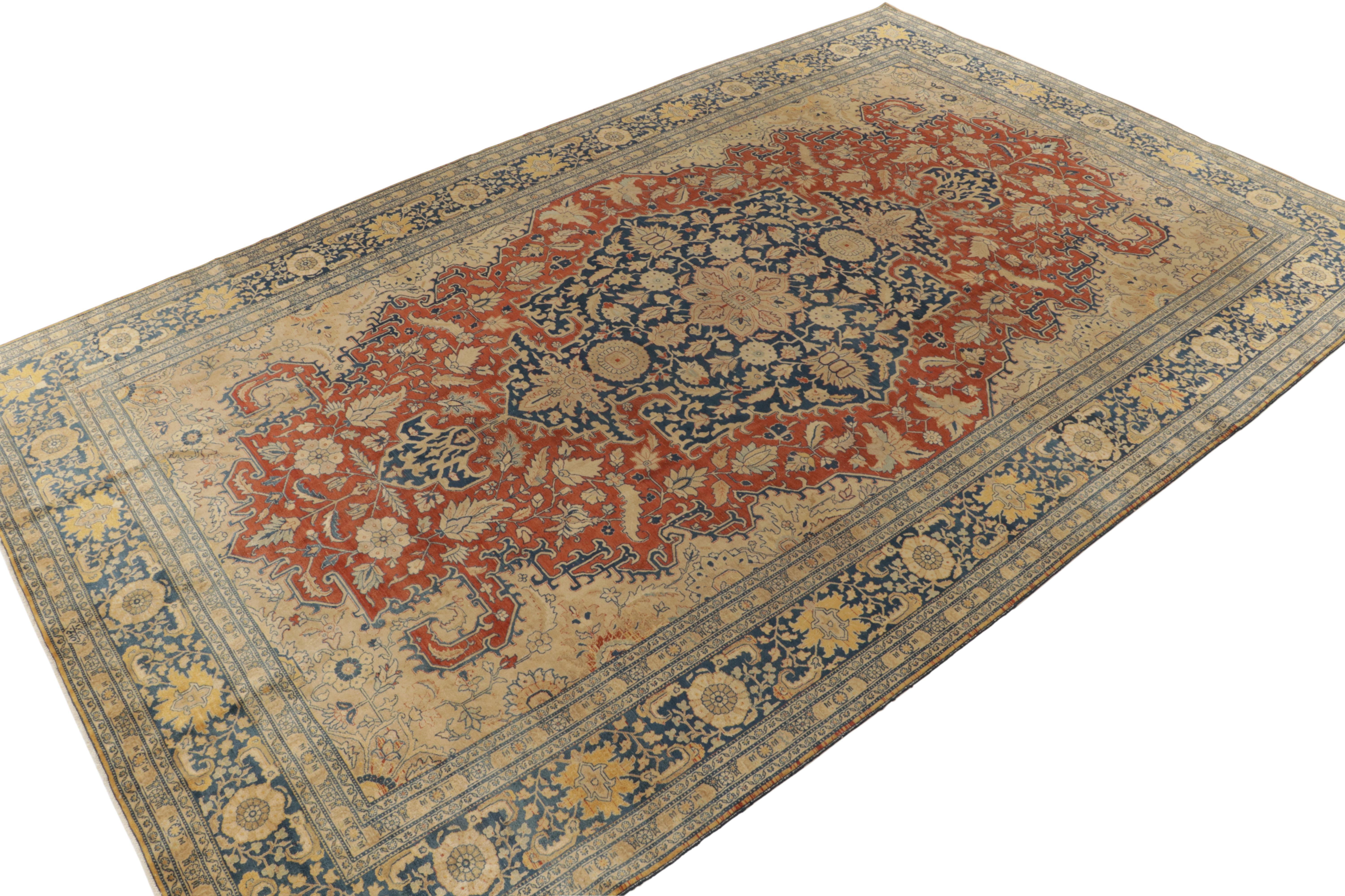 Persian Antique Tabriz rug in Orange Blue, Beige Floral Medallion Pattern by Rug & Kilim For Sale