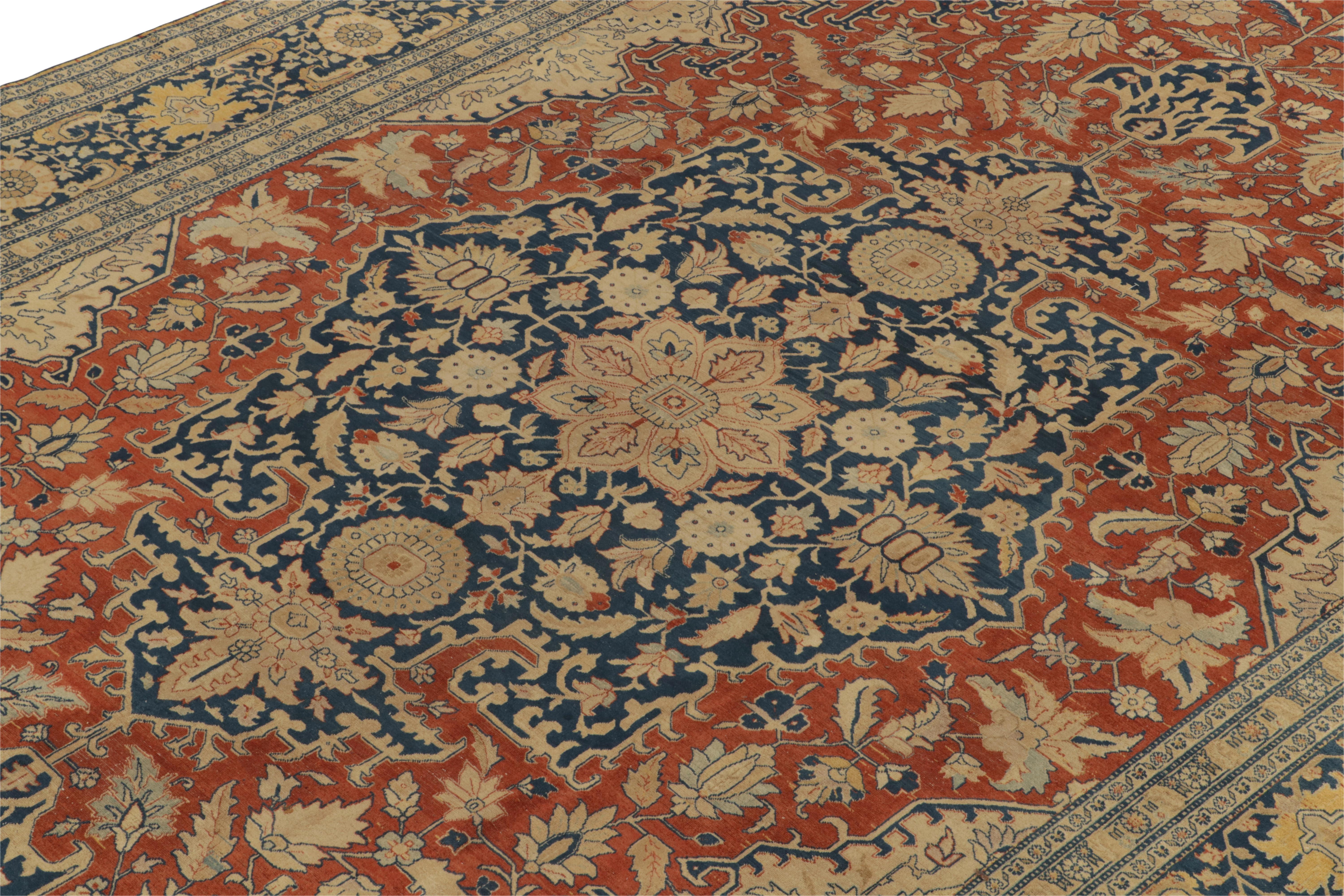 Hand-Knotted Antique Tabriz rug in Orange Blue, Beige Floral Medallion Pattern by Rug & Kilim For Sale