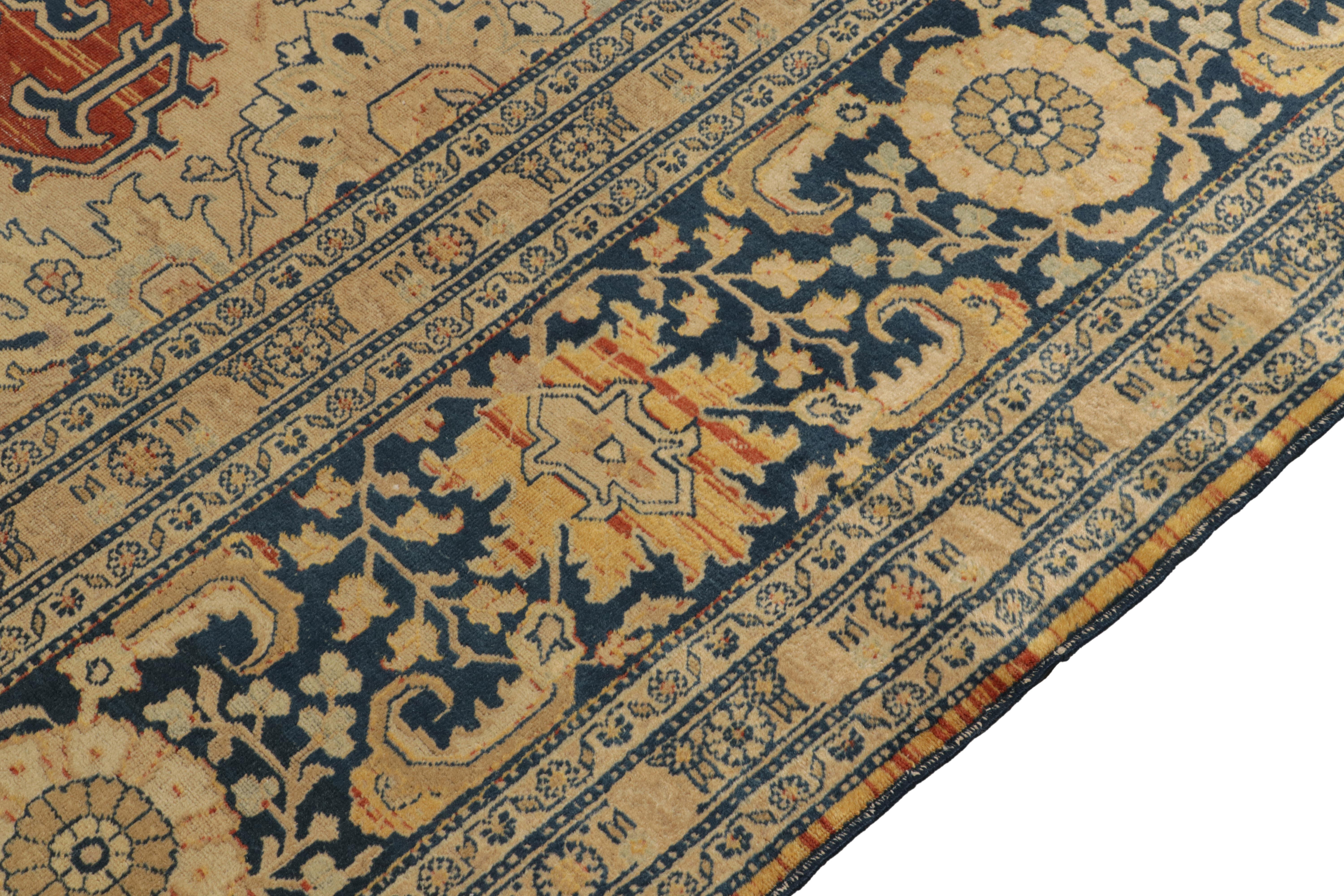 Antique Tabriz rug in Orange Blue, Beige Floral Medallion Pattern by Rug & Kilim In Good Condition For Sale In Long Island City, NY