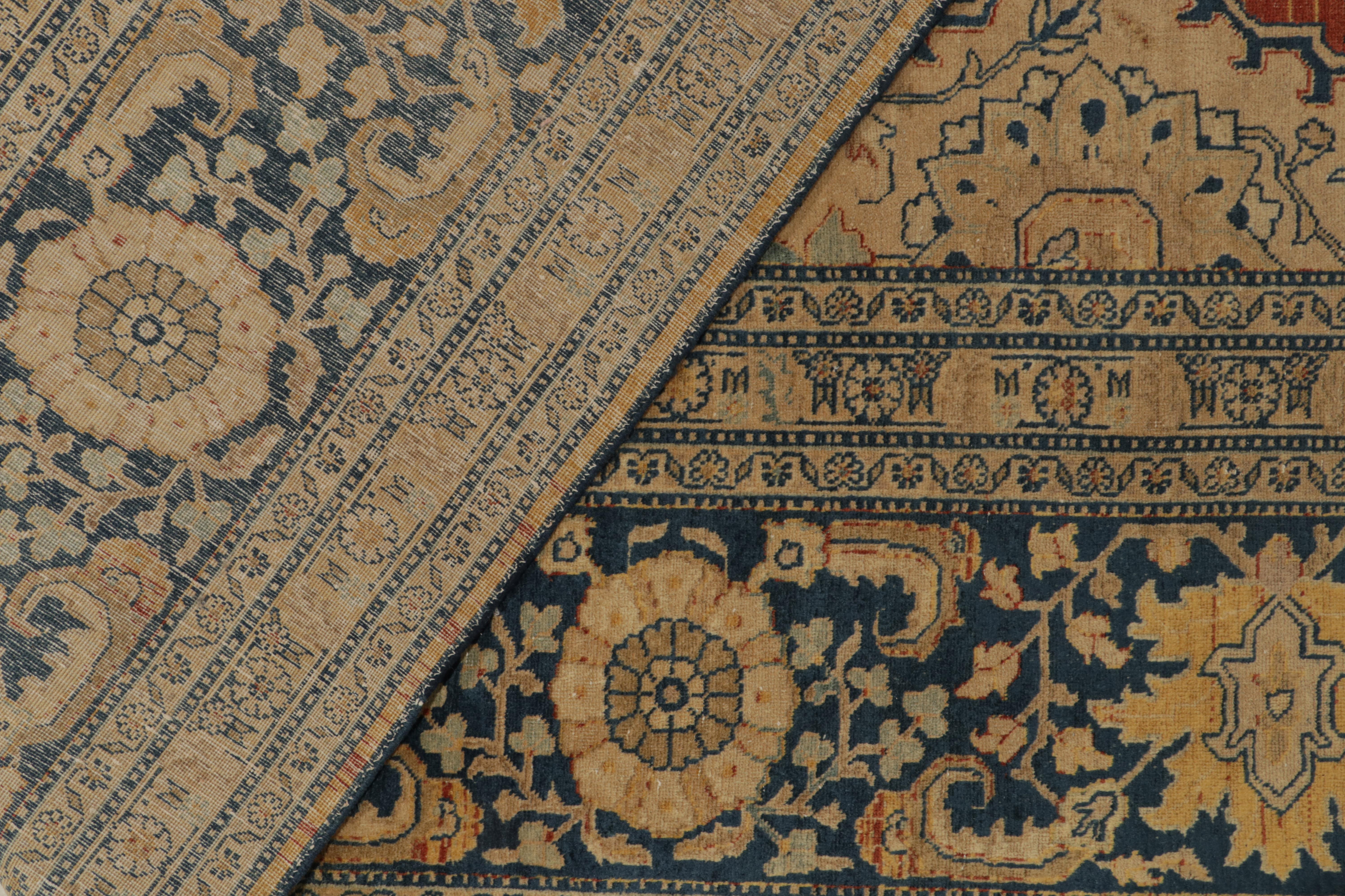 Early 20th Century Antique Tabriz rug in Orange Blue, Beige Floral Medallion Pattern by Rug & Kilim For Sale