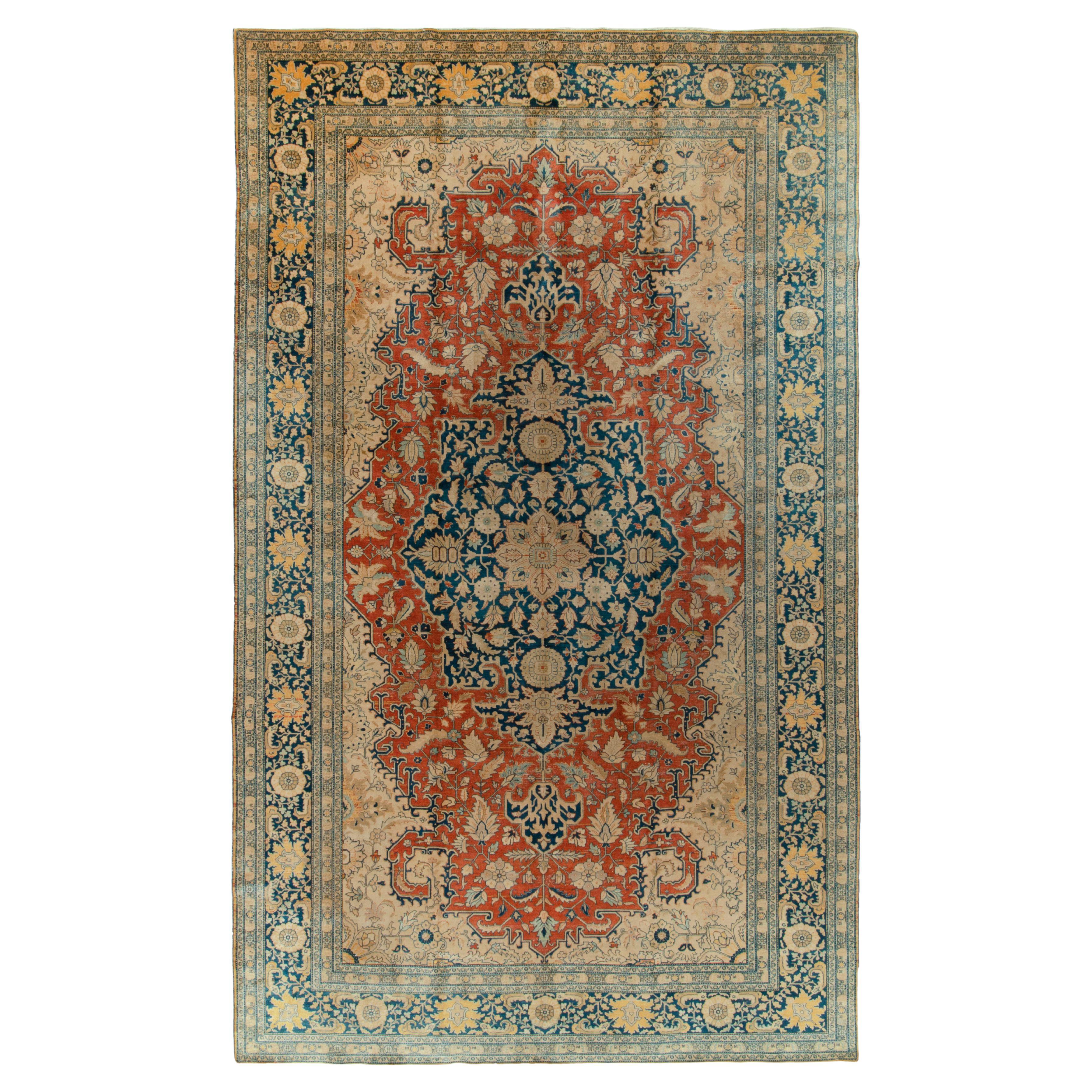Antique Tabriz rug in Orange Blue, Beige Floral Medallion Pattern by Rug & Kilim For Sale