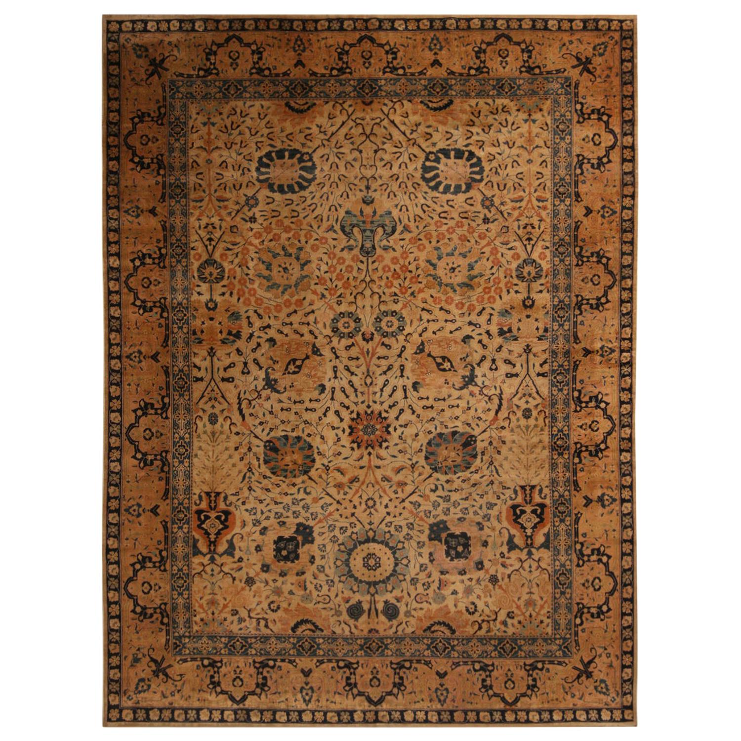 Antique Tabriz Golden-Brown Wool Rug with Blue Accents by Rug & Kilim For Sale