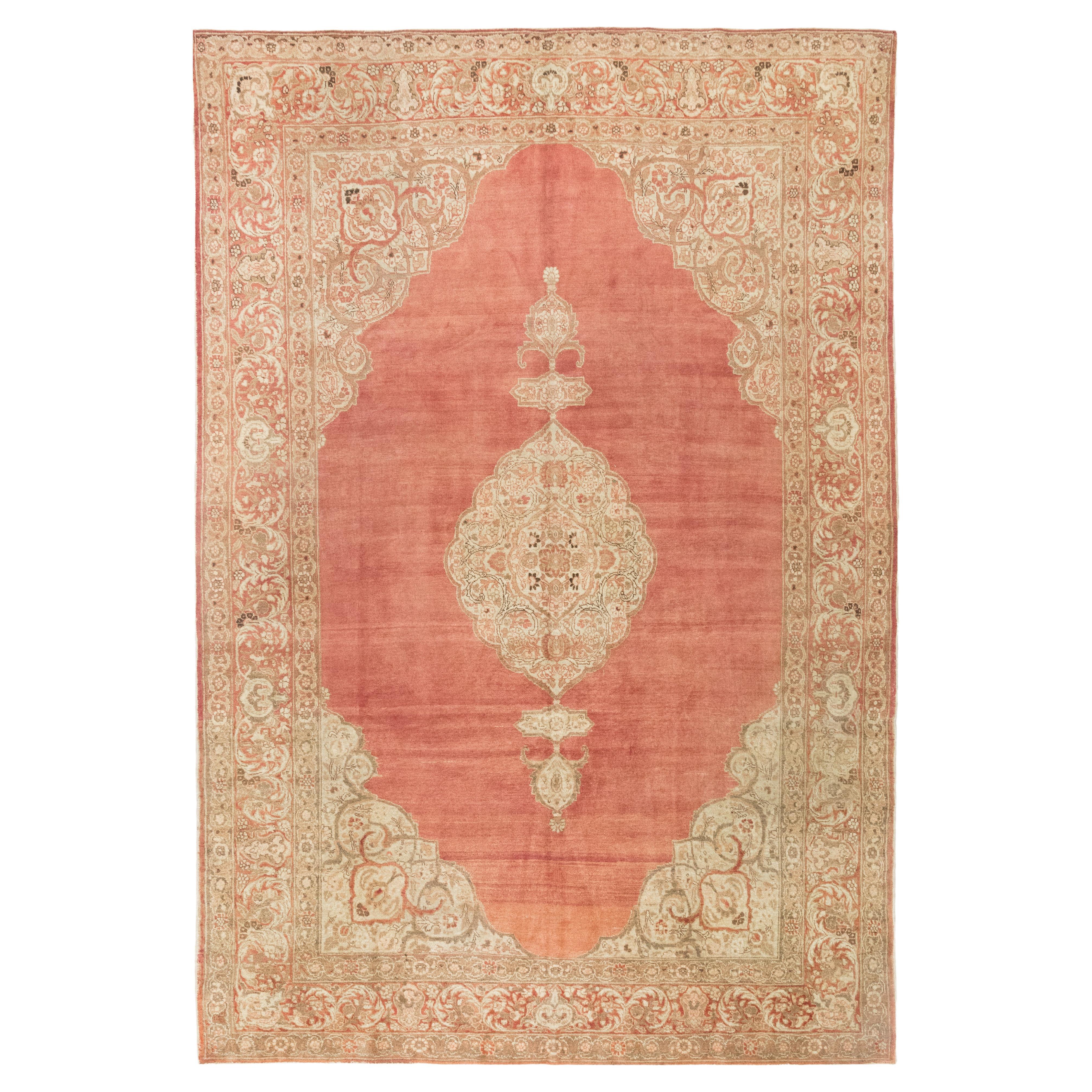Antique Tabriz Haj Jalili Rug, Hand Knotted, 10.9 × 7.2 ft – Soft Red and Beige For Sale