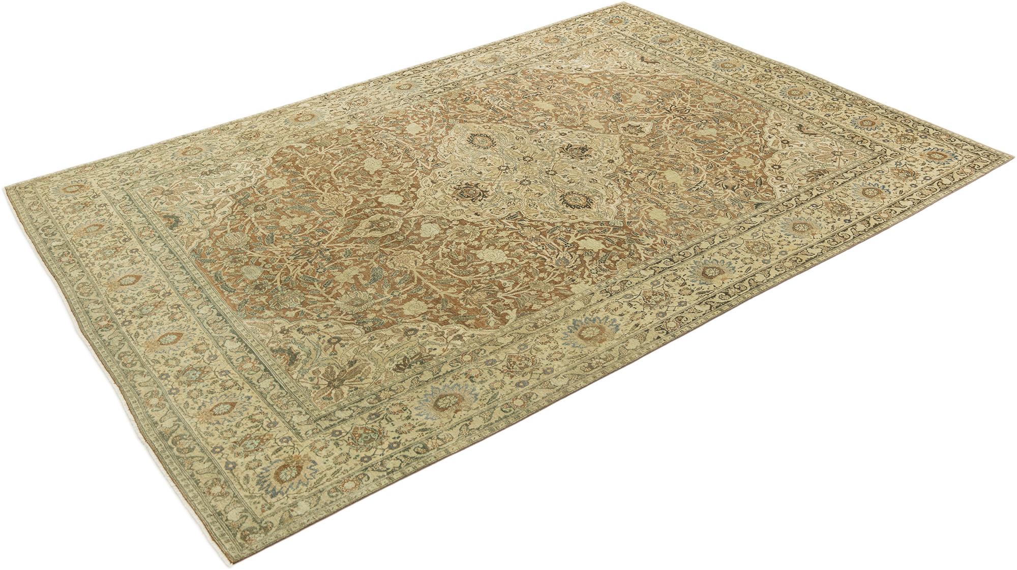 Tappeto antico Tabriz Haj Jalili annodato a mano, tessuto in Iran nel 1900 circa.

Questo raffinato Tabriz Haj Jalili presenta una tavolozza splendidamente invecchiata con un morbido campo beige arricchito da intricati motivi floreali in delicate