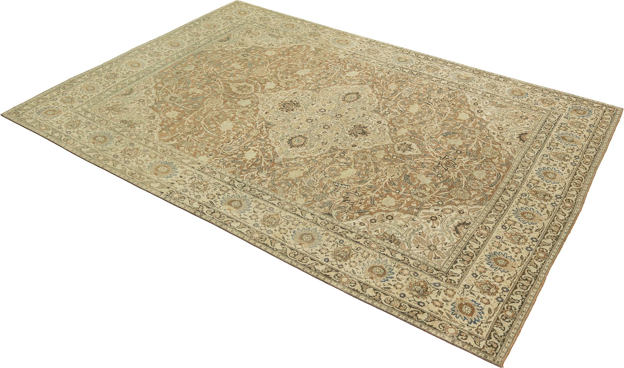 Persiano Tappeto antico Tabriz Haj Jalili, annodato a mano, 13,1 × 9,2 piedi - Beige e sabbia in vendita
