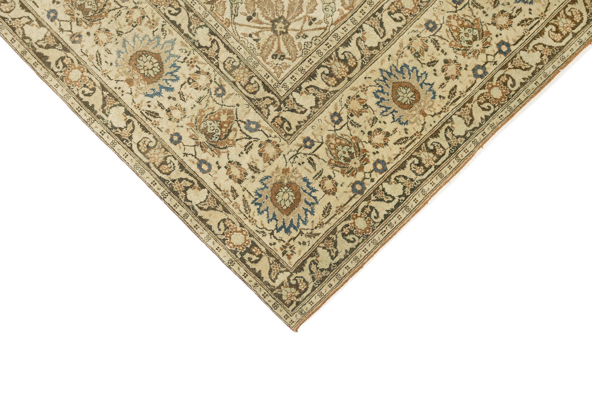 Lana Tappeto antico Tabriz Haj Jalili, annodato a mano, 13,1 × 9,2 piedi - Beige e sabbia in vendita