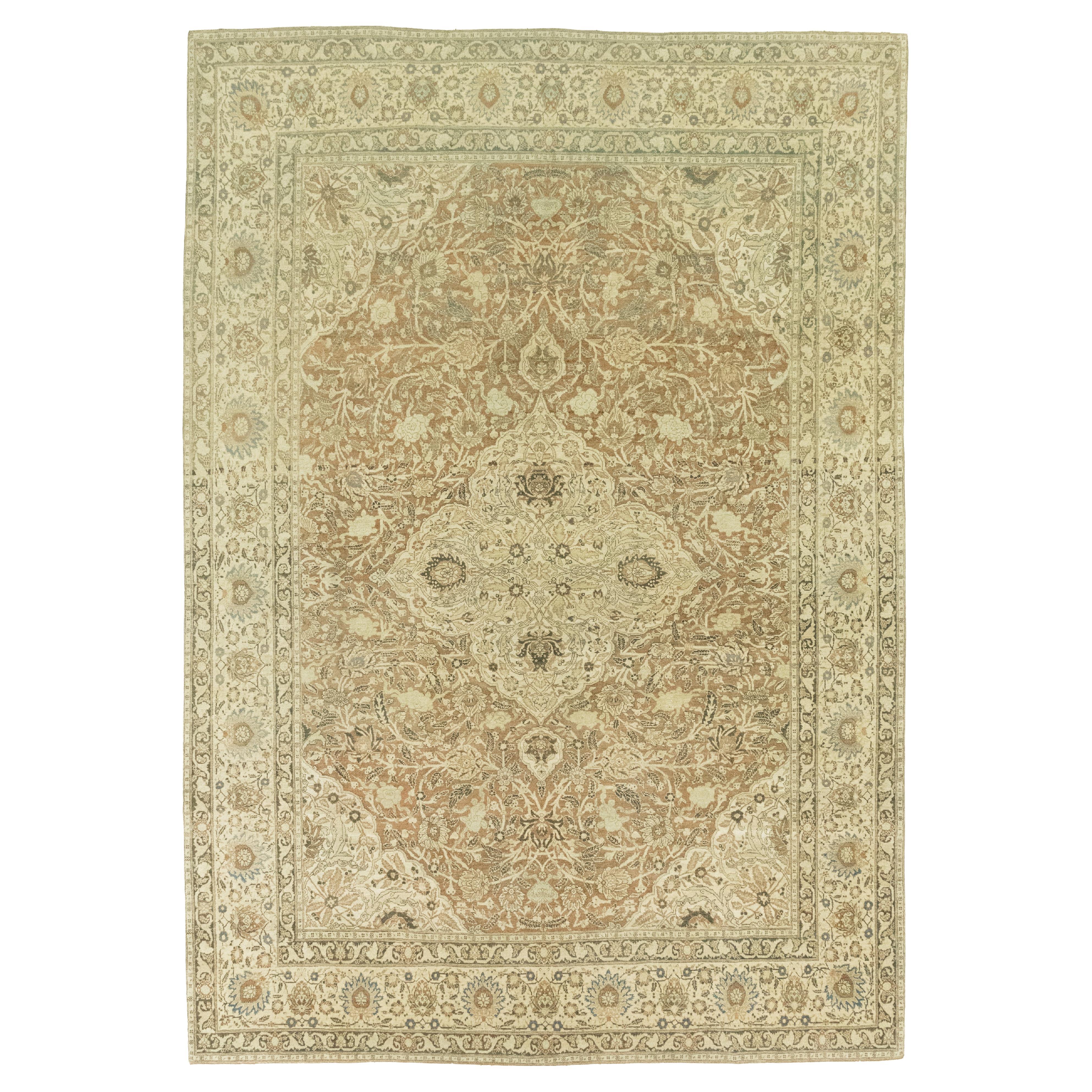 Tappeto antico Tabriz Haj Jalili, annodato a mano, 13,1 × 9,2 piedi - Beige e sabbia in vendita