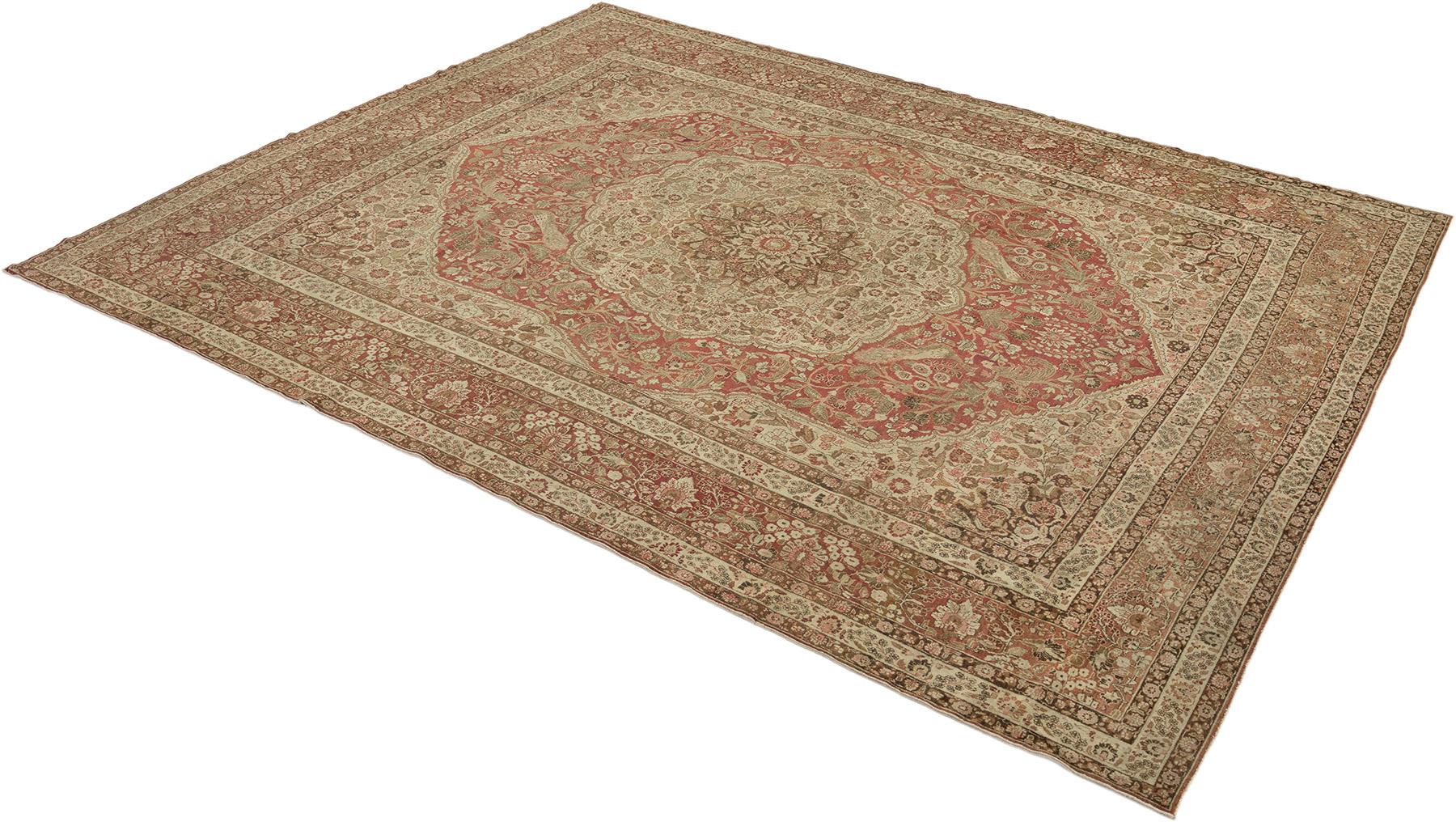 Antiker Tabriz Haj Jalili Teppich, handgeknüpft, 13.9x10.8 ft - Rose, Beige & Sand (Persisch) im Angebot