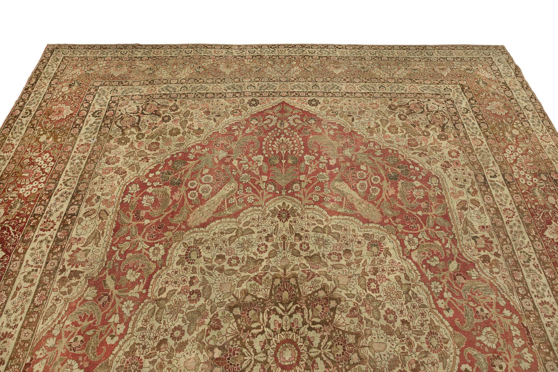 Antiker Tabriz Haj Jalili Teppich, handgeknüpft, 13.9x10.8 ft - Rose, Beige & Sand (Handgeknüpft) im Angebot