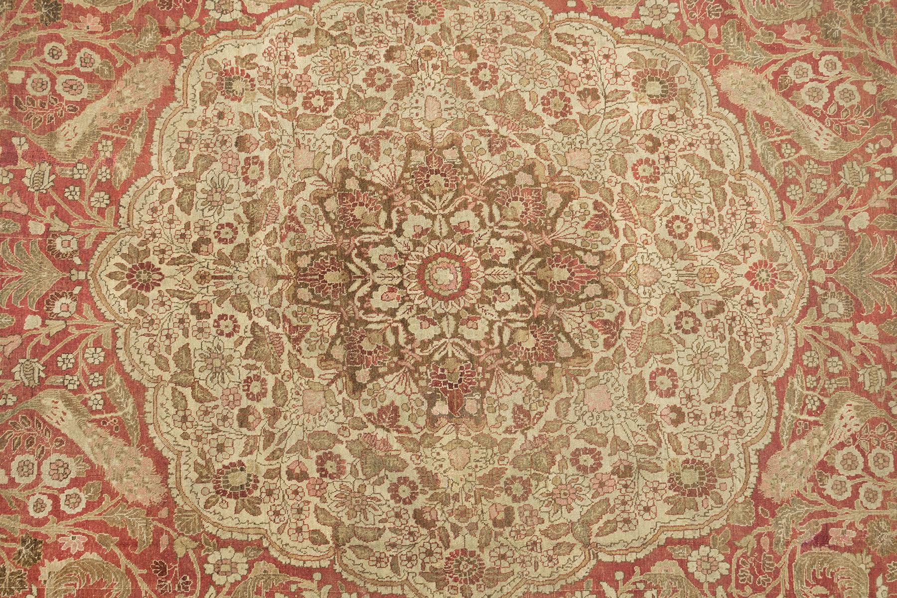 Antiker Tabriz Haj Jalili Teppich, handgeknüpft, 13.9x10.8 ft - Rose, Beige & Sand (Wolle) im Angebot