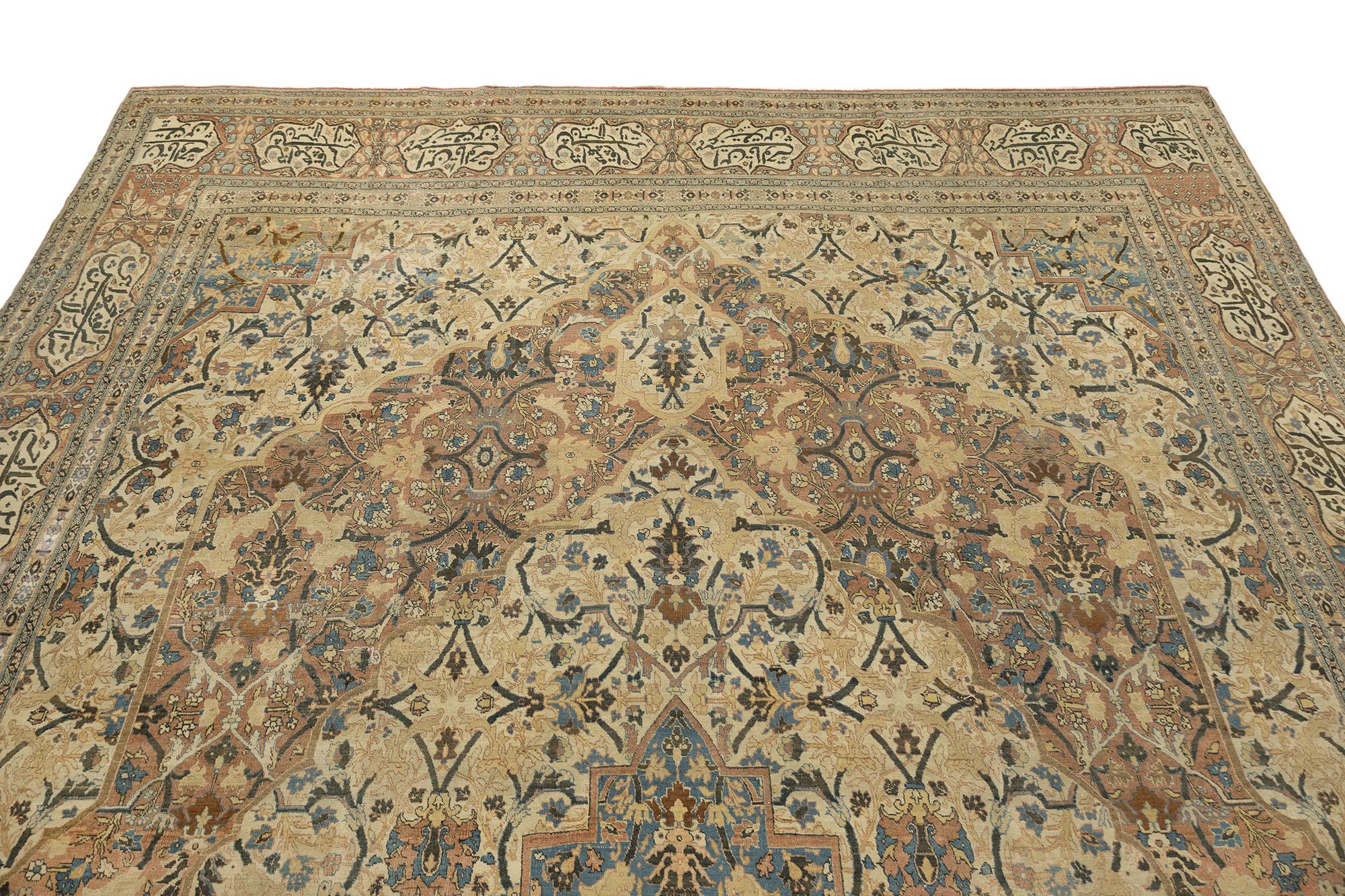 Antiker Tabriz Haj Jalili Teppich, handgeknüpft, 17.1x11.6 ft - Beige, Blau & Rosa (Handgeknüpft) im Angebot