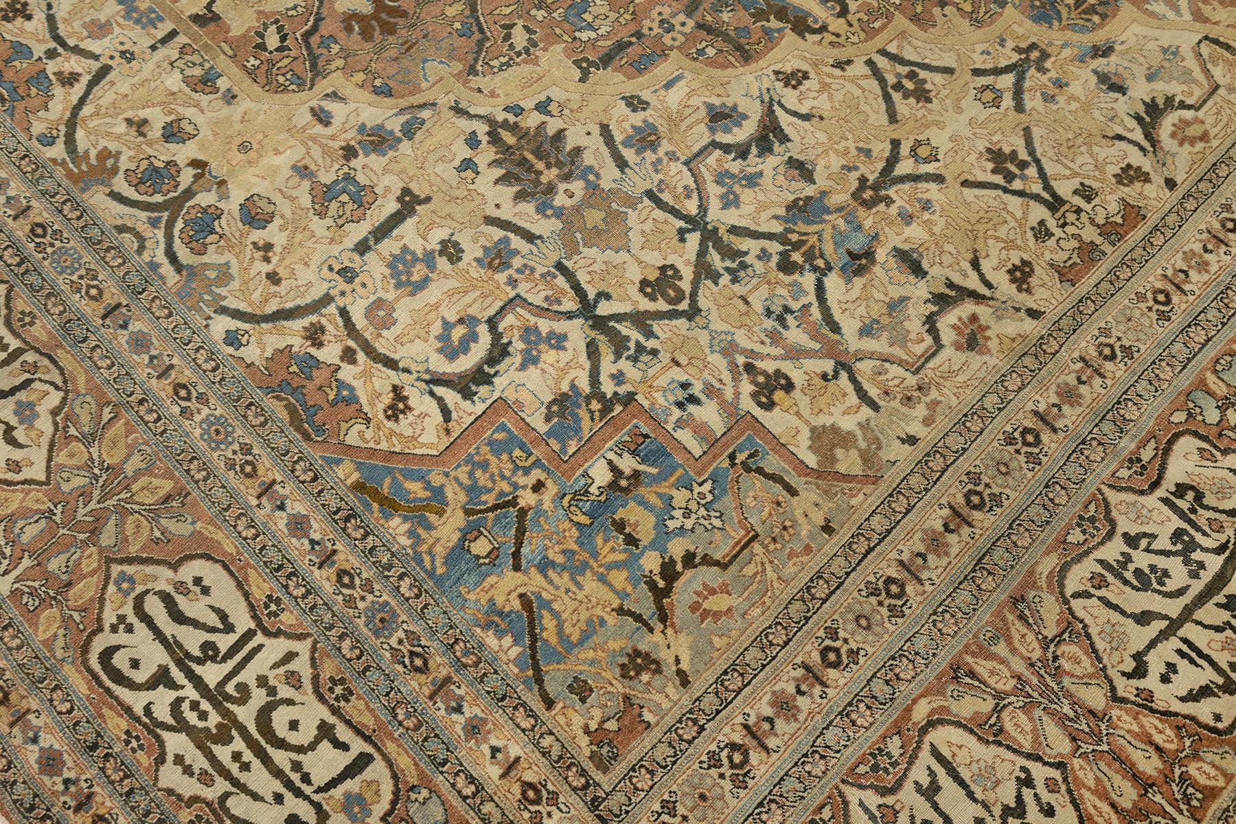 Antiker Tabriz Haj Jalili Teppich, handgeknüpft, 17.1x11.6 ft - Beige, Blau & Rosa im Angebot 2
