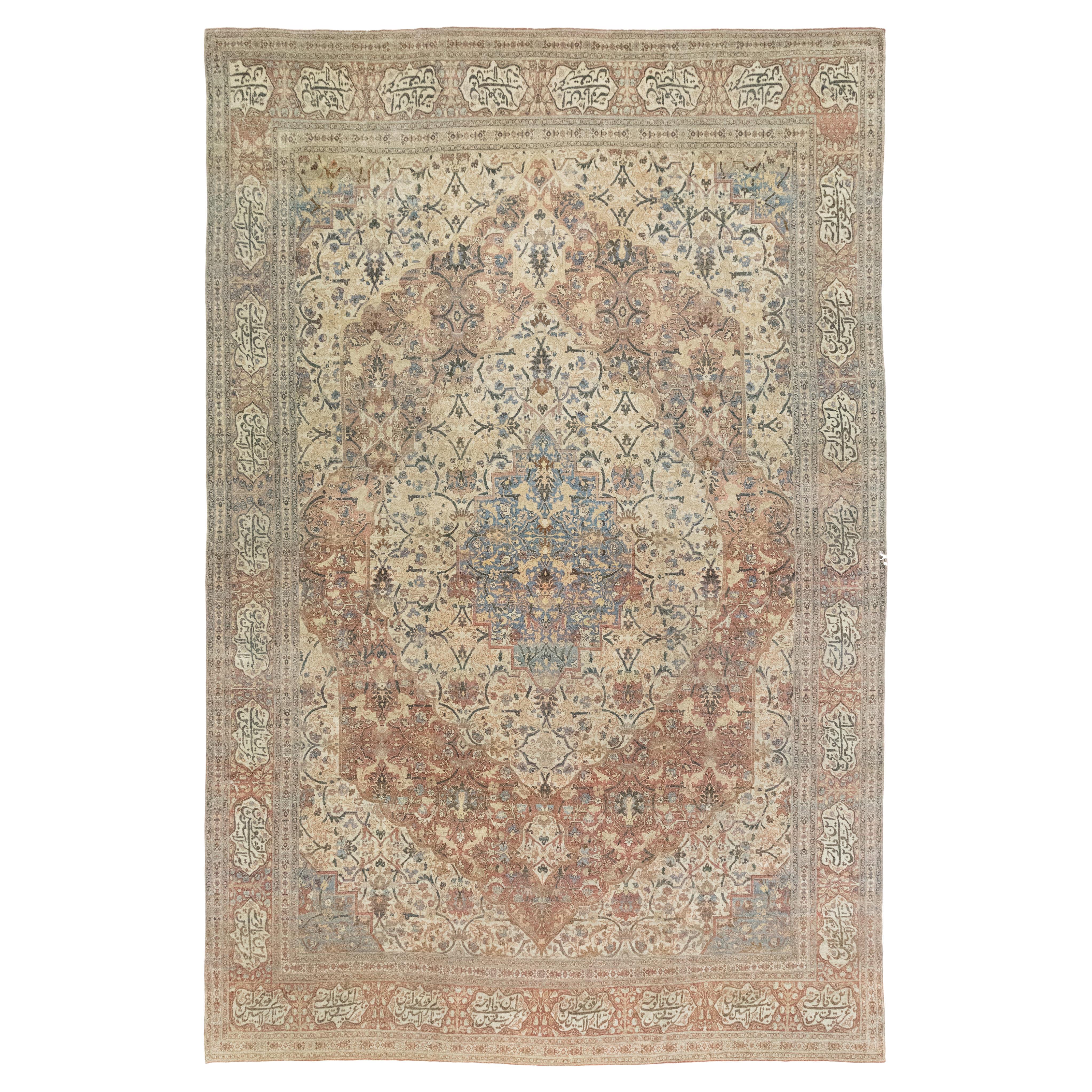 Antiker Tabriz Haj Jalili Teppich, handgeknüpft, 17.1x11.6 ft - Beige, Blau & Rosa im Angebot