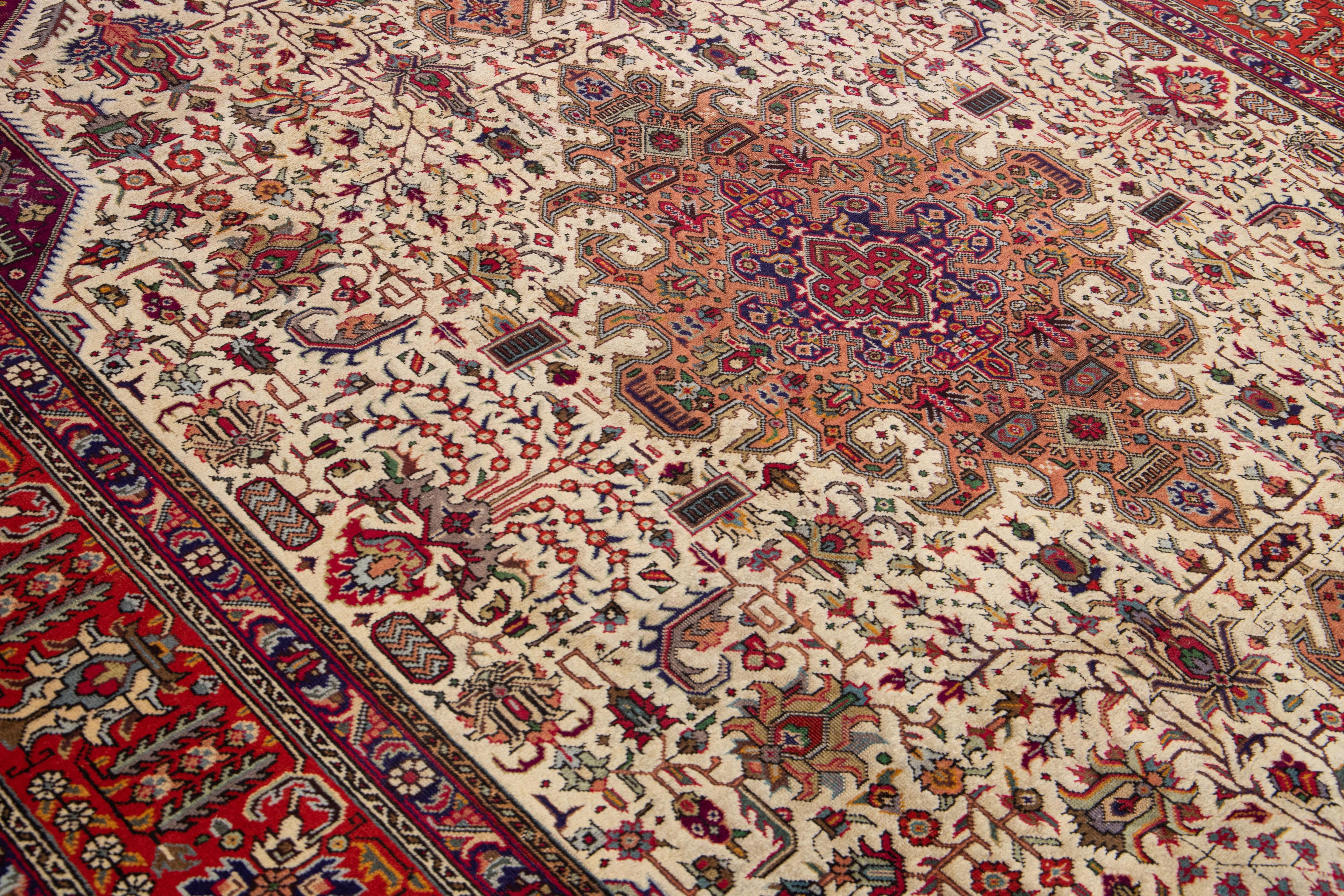 Antique Tabriz Handmade Allover Designed Beige & Red Persian Wool Rug For Sale 5